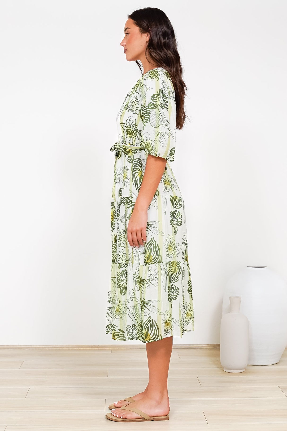 Kellee Midi Dress - V-Neckline Tiered Dress with Balloon Sleeves in Hyper Print