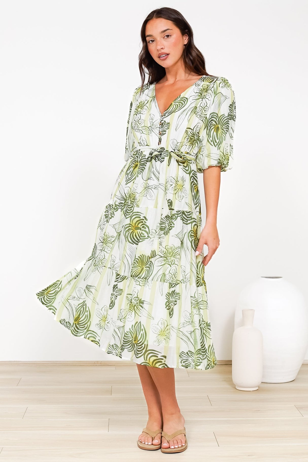 Kellee Midi Dress - V-Neckline Tiered Dress with Balloon Sleeves in Hyper Print