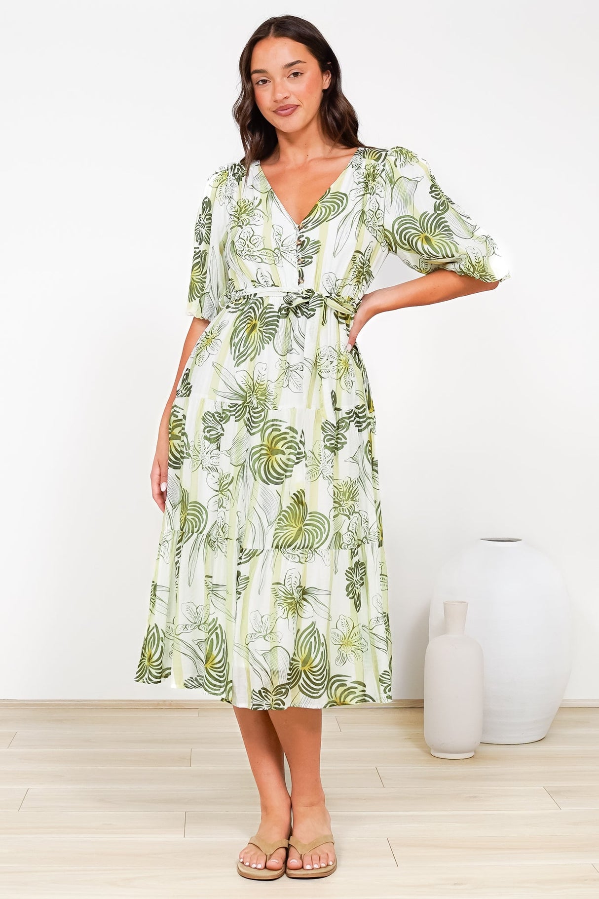 Kellee Midi Dress - V-Neckline Tiered Dress with Balloon Sleeves in Hyper Print
