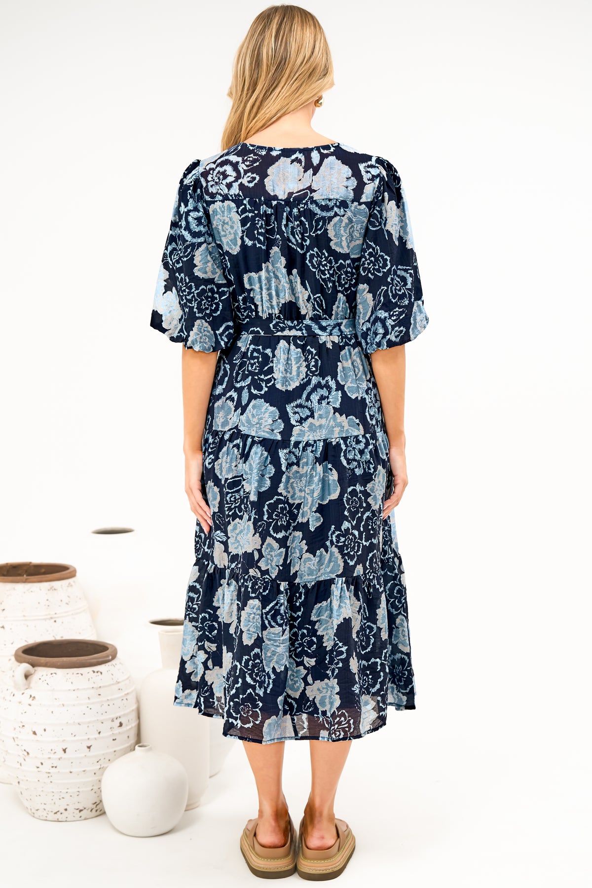 Kellee Midi Dress - V-Neckline Tiered Dress with Balloon Sleeves in Moorea Print
