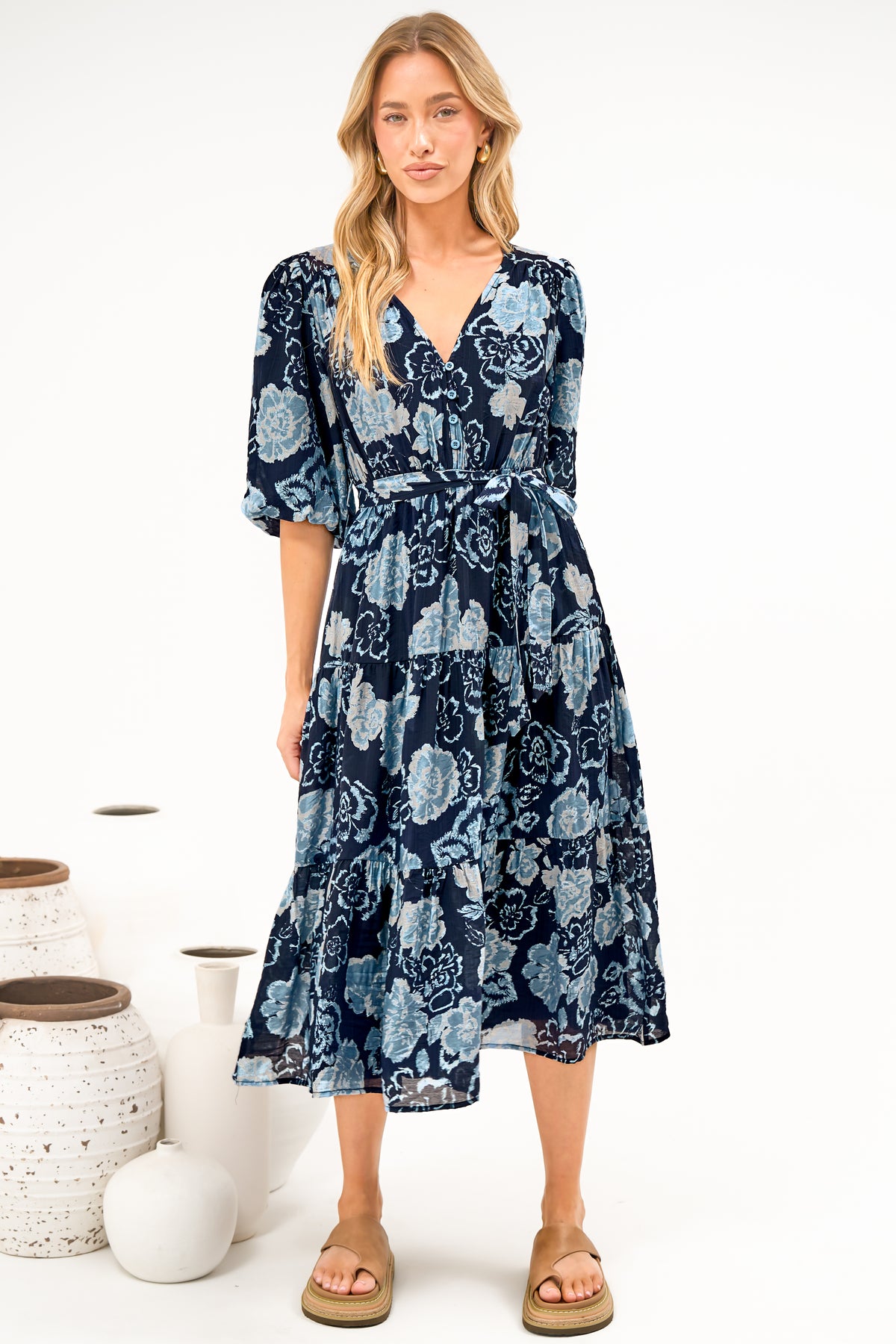 Kellee Midi Dress - V-Neckline Tiered Dress with Balloon Sleeves in Moorea Print