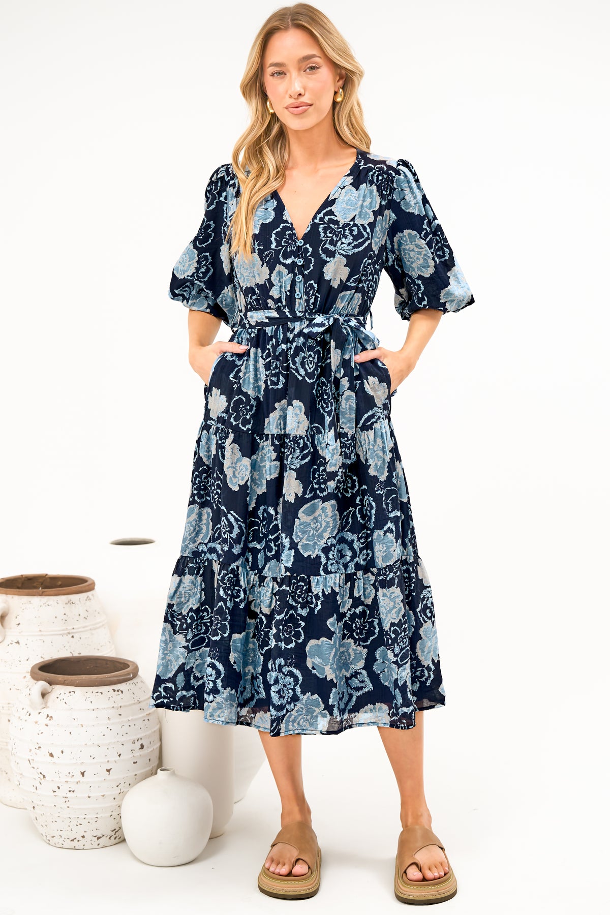 Kellee Midi Dress - V-Neckline Tiered Dress with Balloon Sleeves in Moorea Print