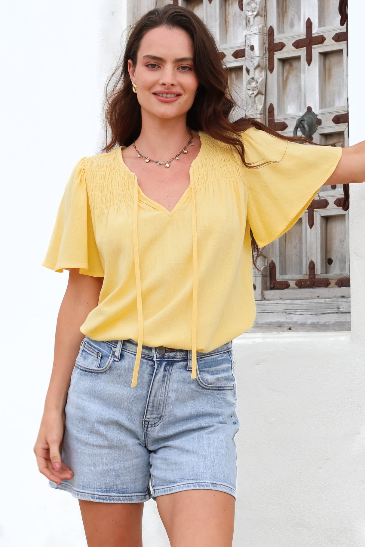 Kendra Top- V Neck Short Sleeve Top with Necktie in Lemon
