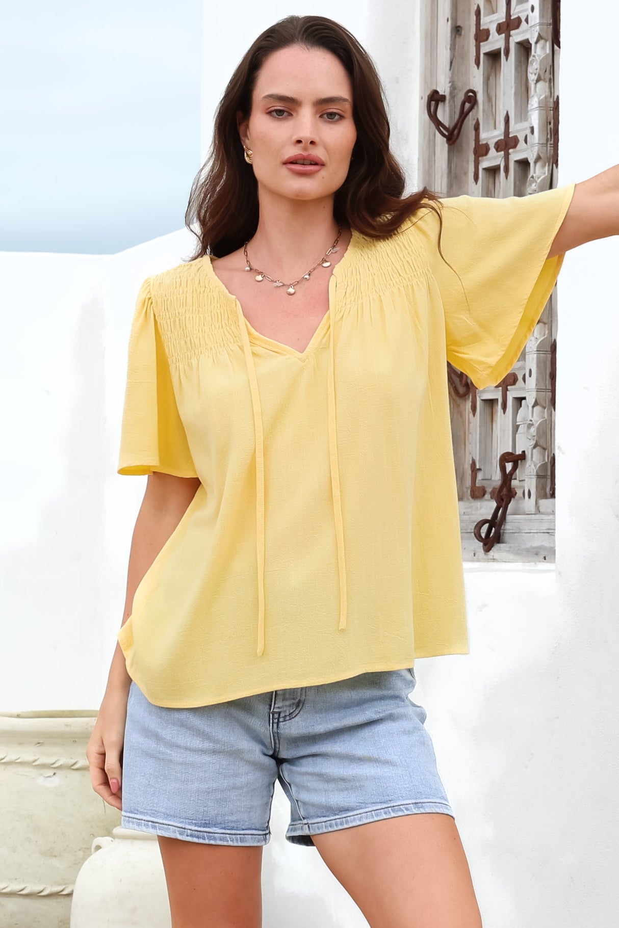 Kendra Top- V Neck Short Sleeve Top with Necktie in Lemon
