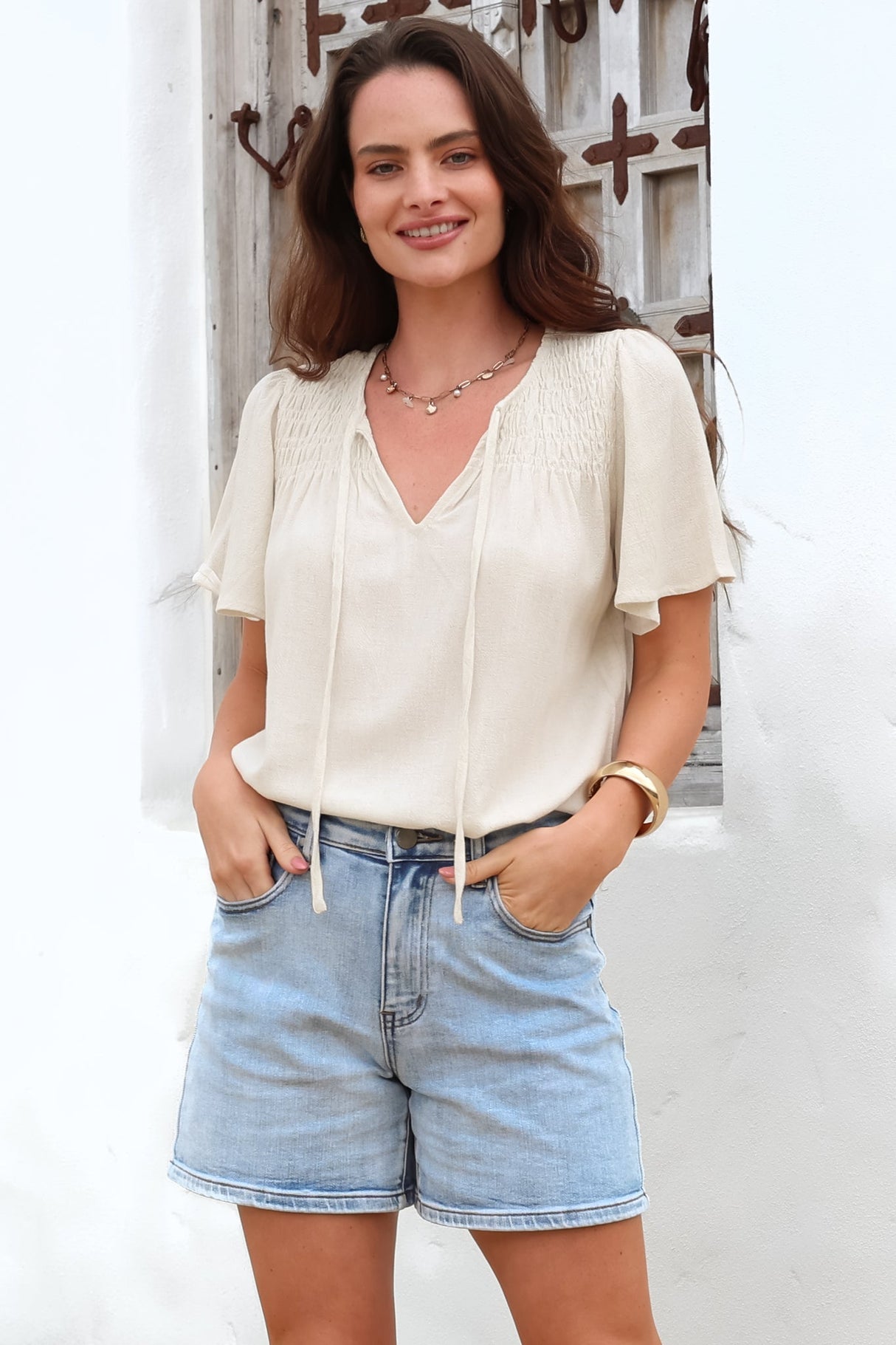 Kendra Top- V Neck Short Sleeve Top with Necktie in Oat