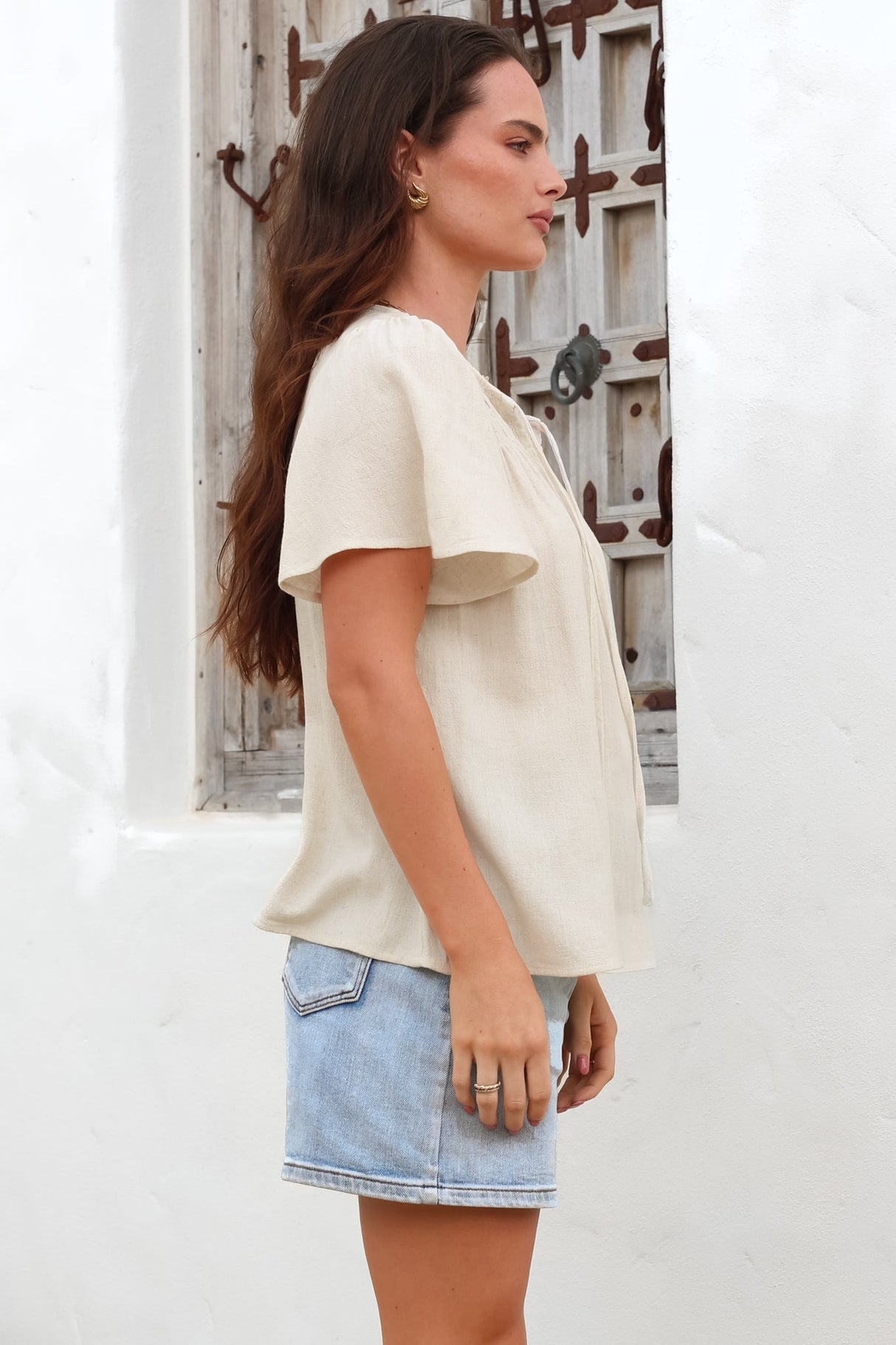 Kendra Top- V Neck Short Sleeve Top with Necktie in Oat