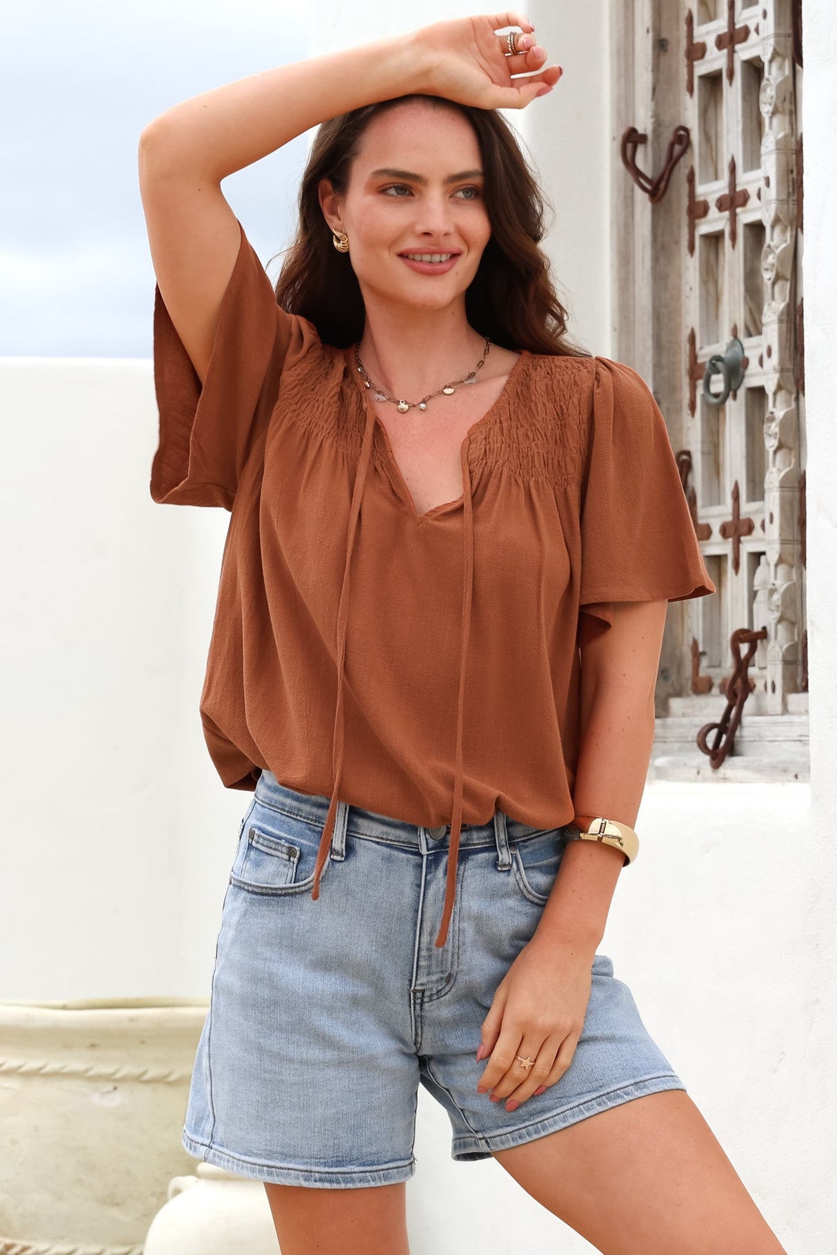 Kendra Top- V Neck Short Sleeve Top with Necktie in Tan