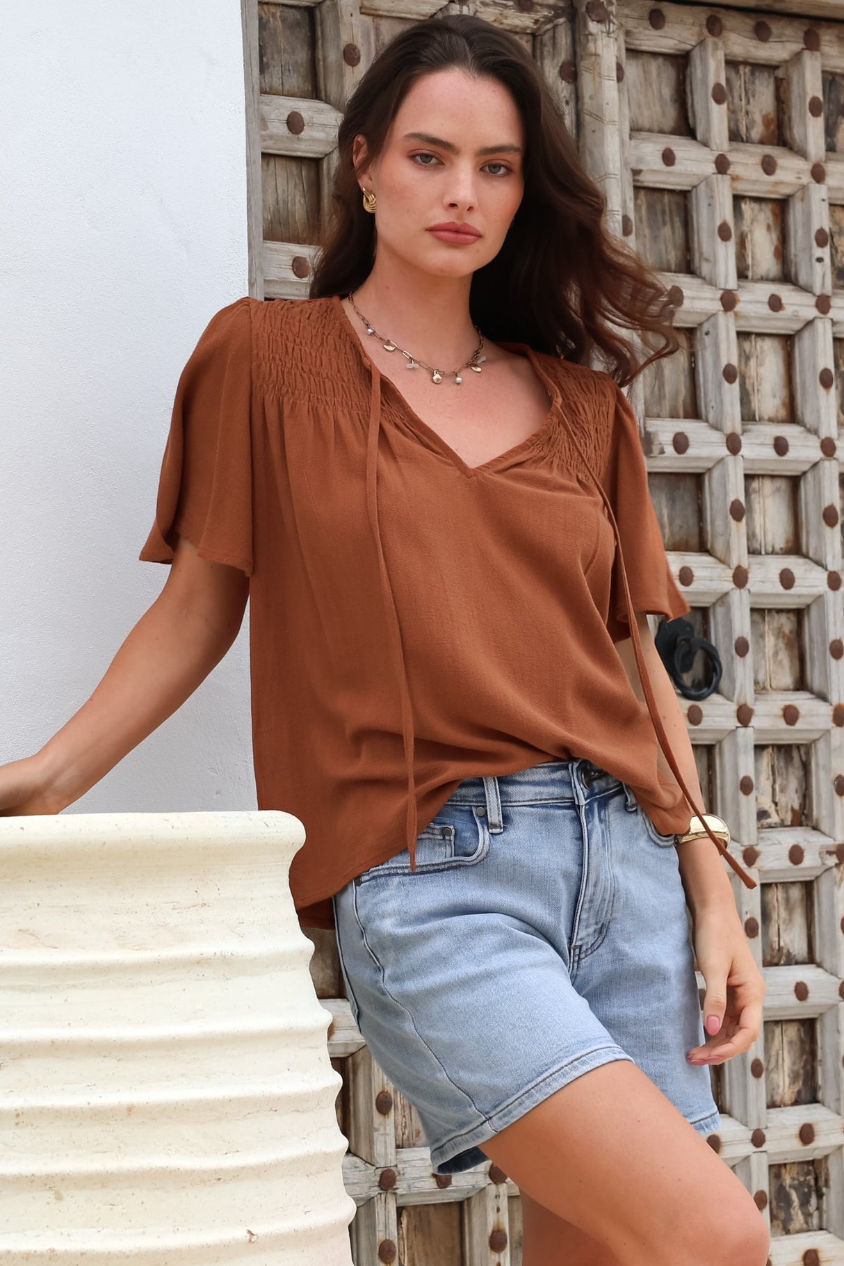 Kendra Top- V Neck Short Sleeve Top with Necktie in Tan
