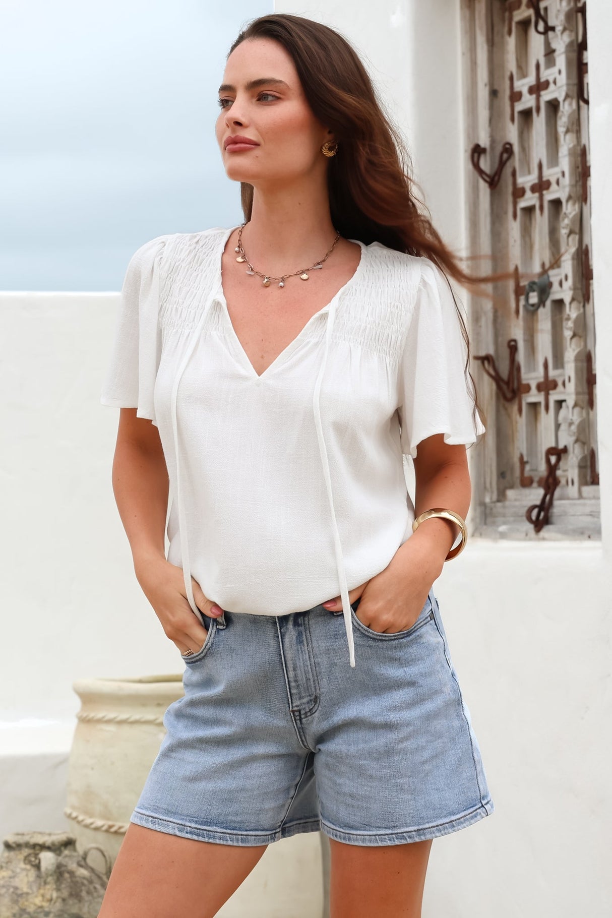 Kendra Top- V Neck Short Sleeve Top with Necktie in White
