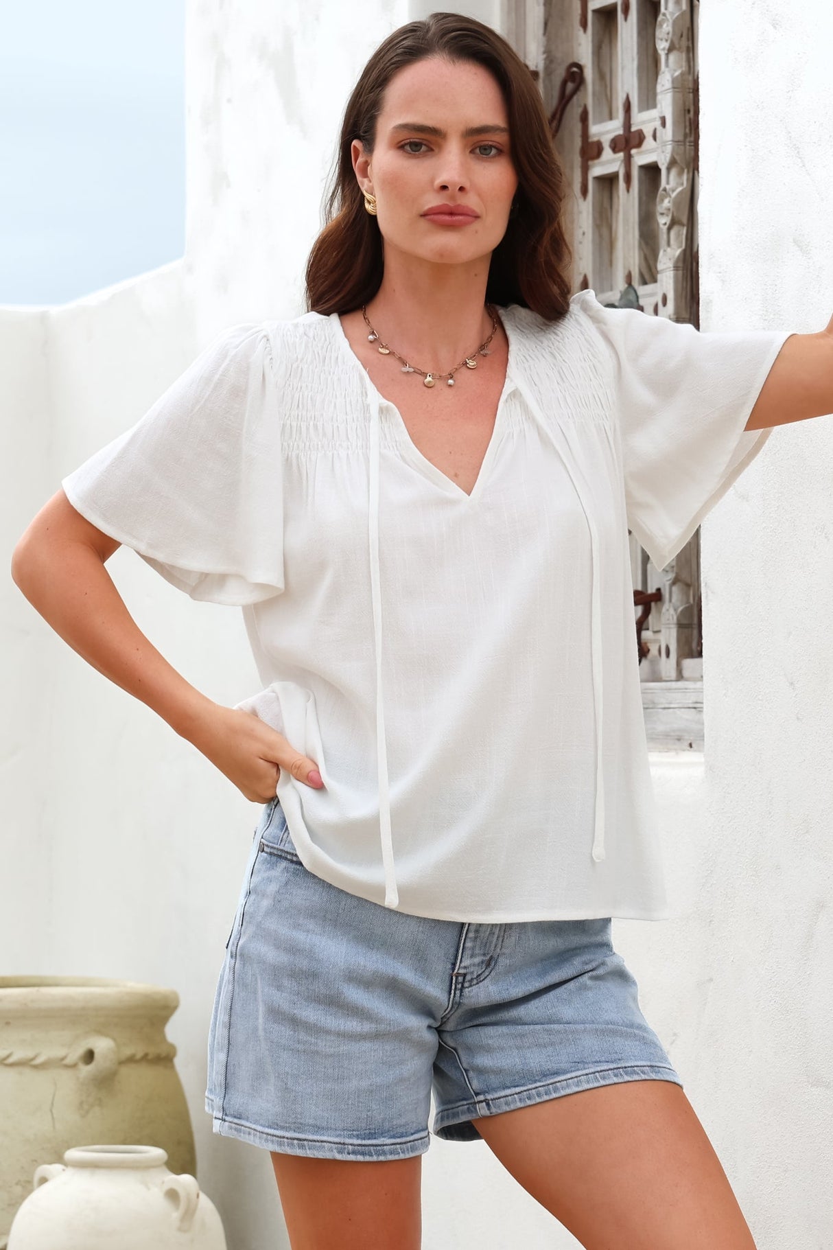 Kendra Top- V Neck Short Sleeve Top with Necktie in White