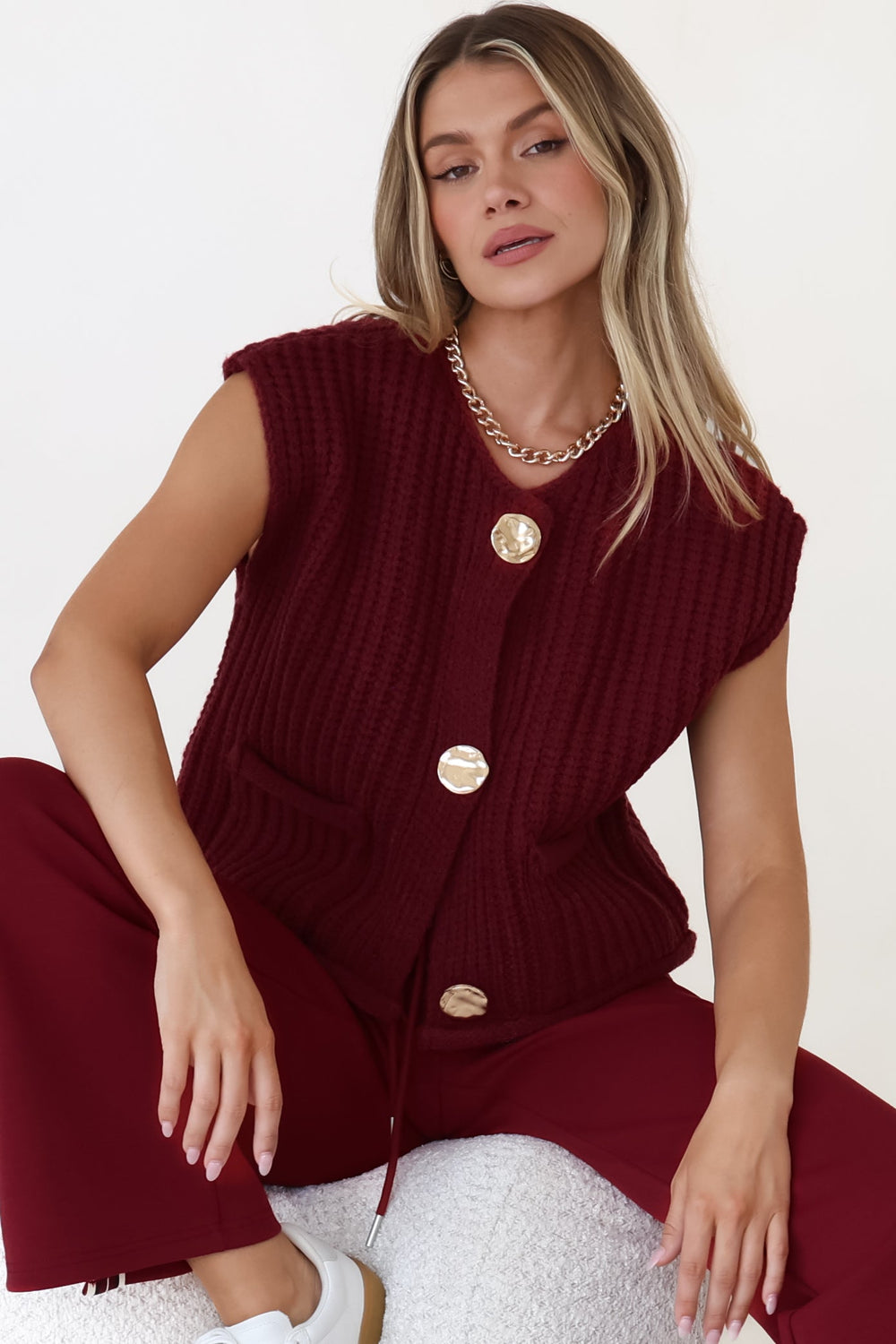 Khloe Knit Top - Sleeveless Large Gold Abstract Button Front Knit in Wine