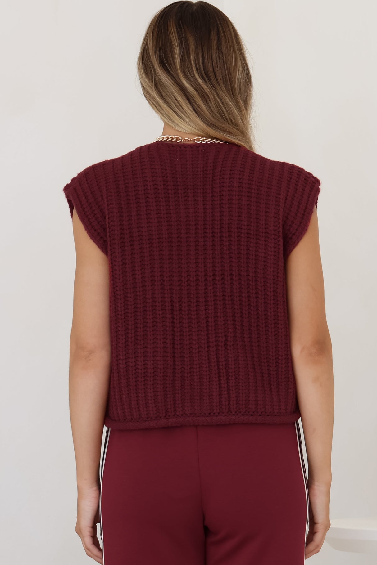 Khloe Knit Top - Sleeveless Large Gold Abstract Button Front Knit in Wine