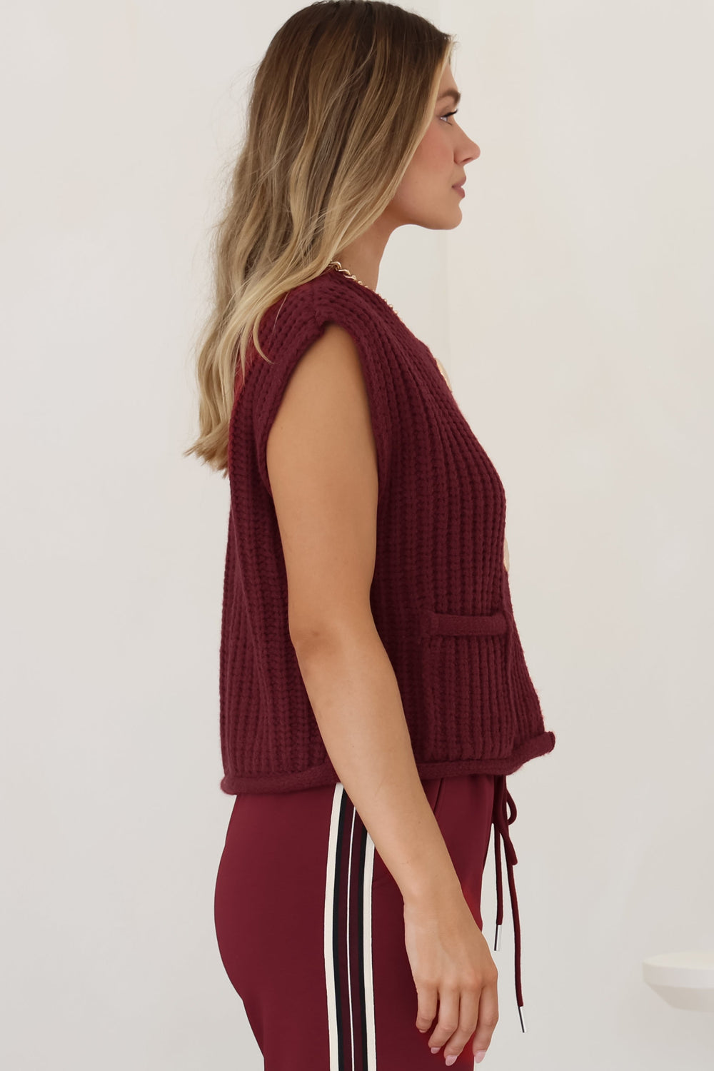 Khloe Knit Top - Sleeveless Large Gold Abstract Button Front Knit in Wine