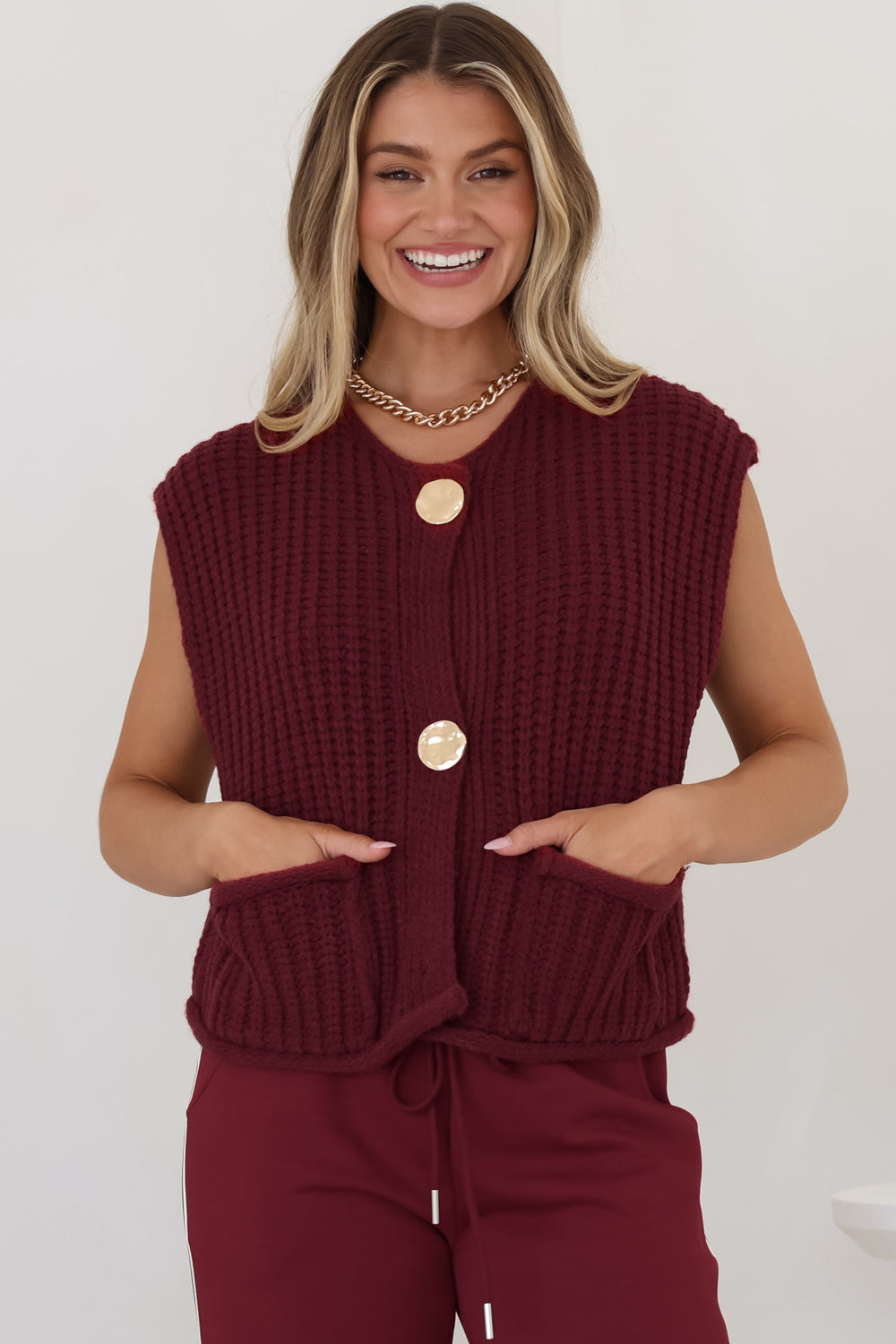 Khloe Knit Top - Sleeveless Large Gold Abstract Button Front Knit in Wine