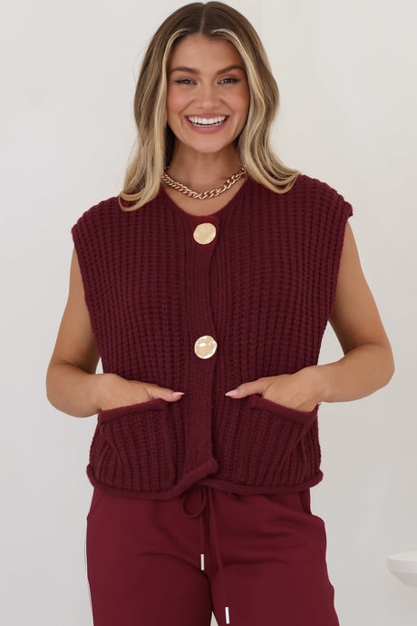 Khloe Knit Top - Sleeveless Large Gold Abstract Button Front Knit in Wine