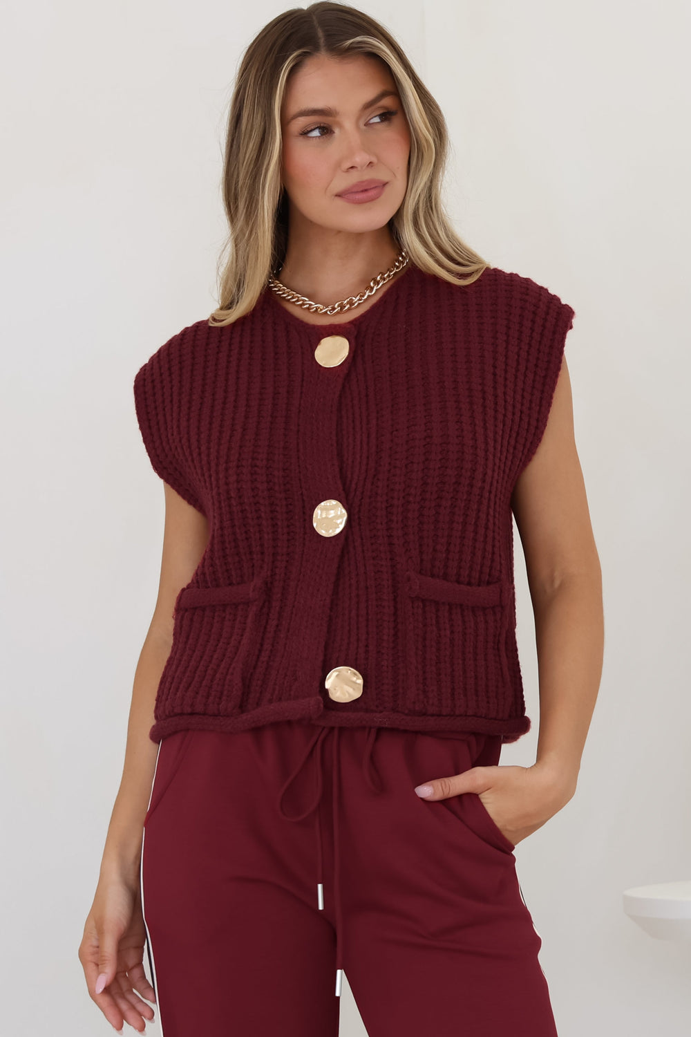 Khloe Knit Top - Sleeveless Large Gold Abstract Button Front Knit in Wine
