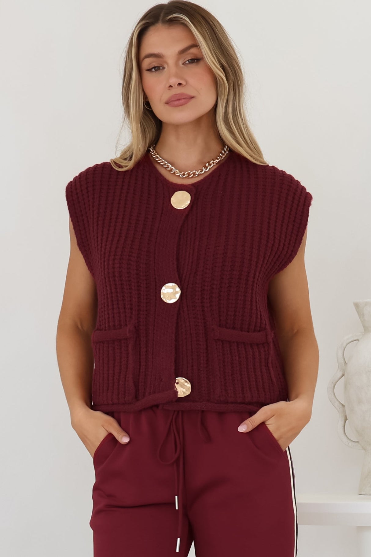 Khloe Knit Top - Sleeveless Large Gold Abstract Button Front Knit in Wine