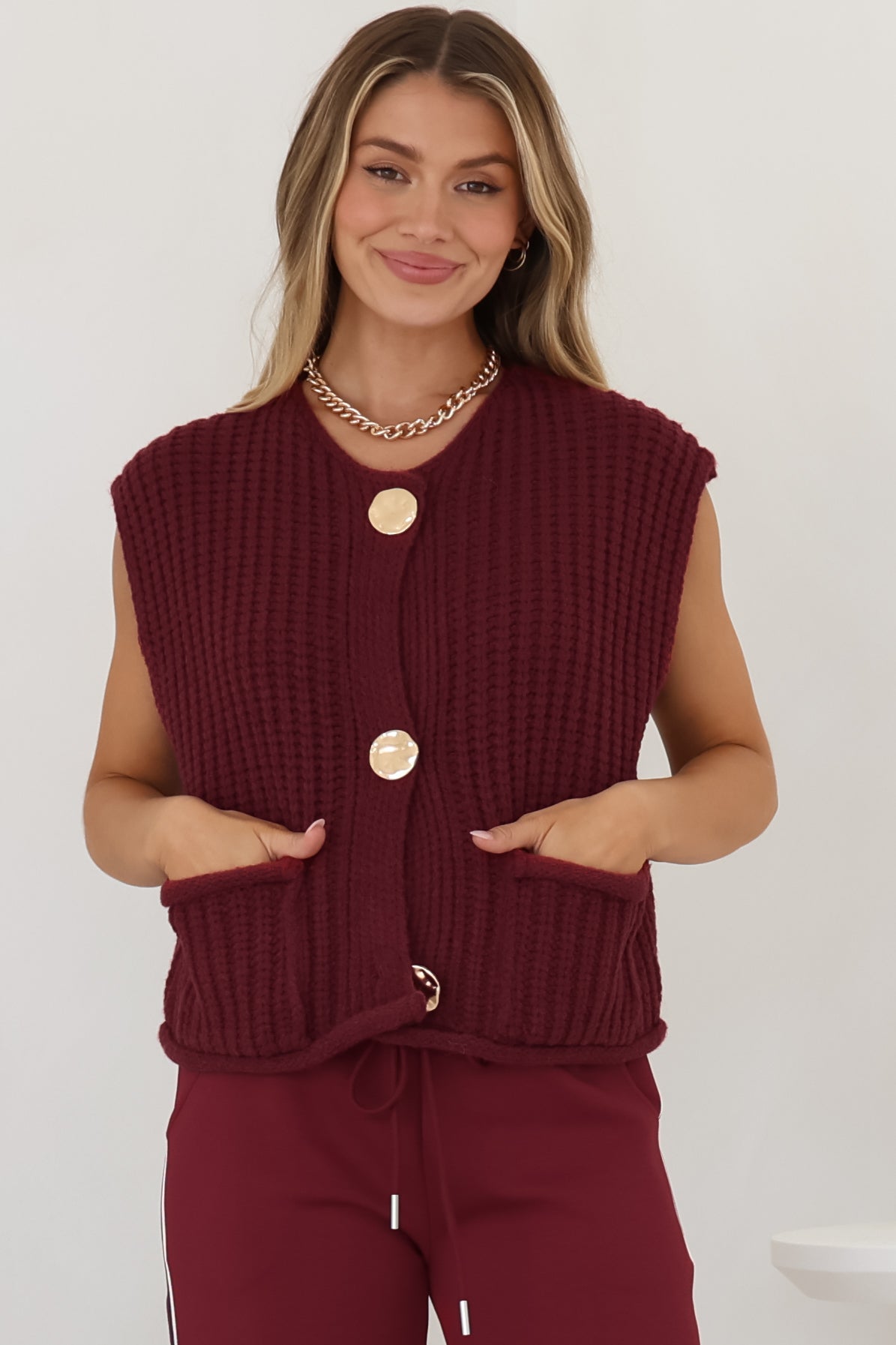 Khloe Knit Top - Sleeveless Large Gold Abstract Button Front Knit in Wine