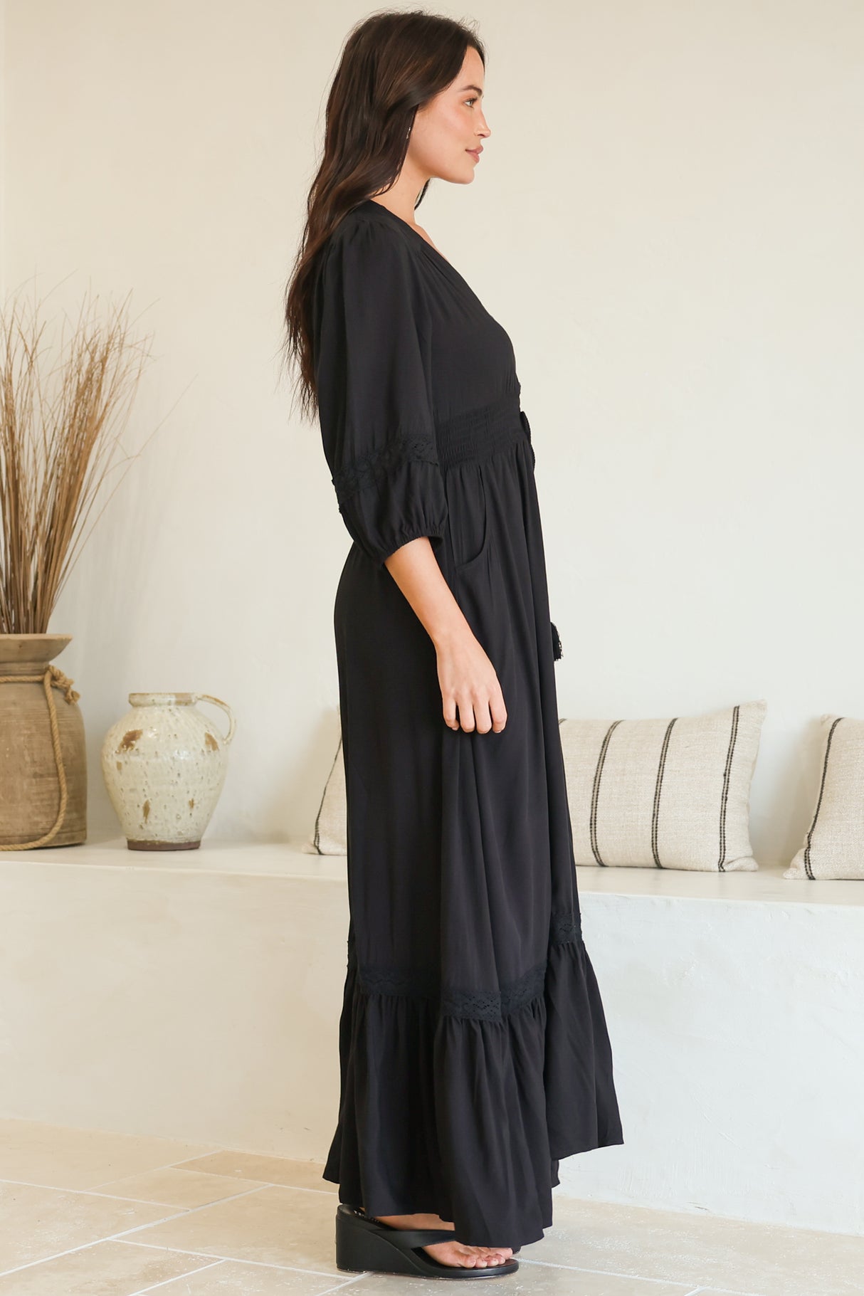 Kiaba Maxi Dress - V-Neck Buttoned Bodice 3/4 Sleeve A-Line Dress with Lace Inserts in Black