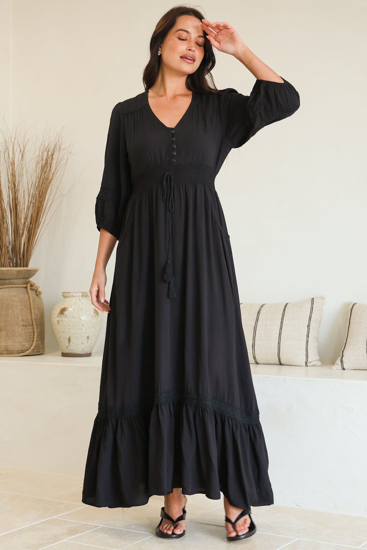 Kiaba Maxi Dress - V-Neck Buttoned Bodice 3/4 Sleeve A-Line Dress with Lace Inserts in Black