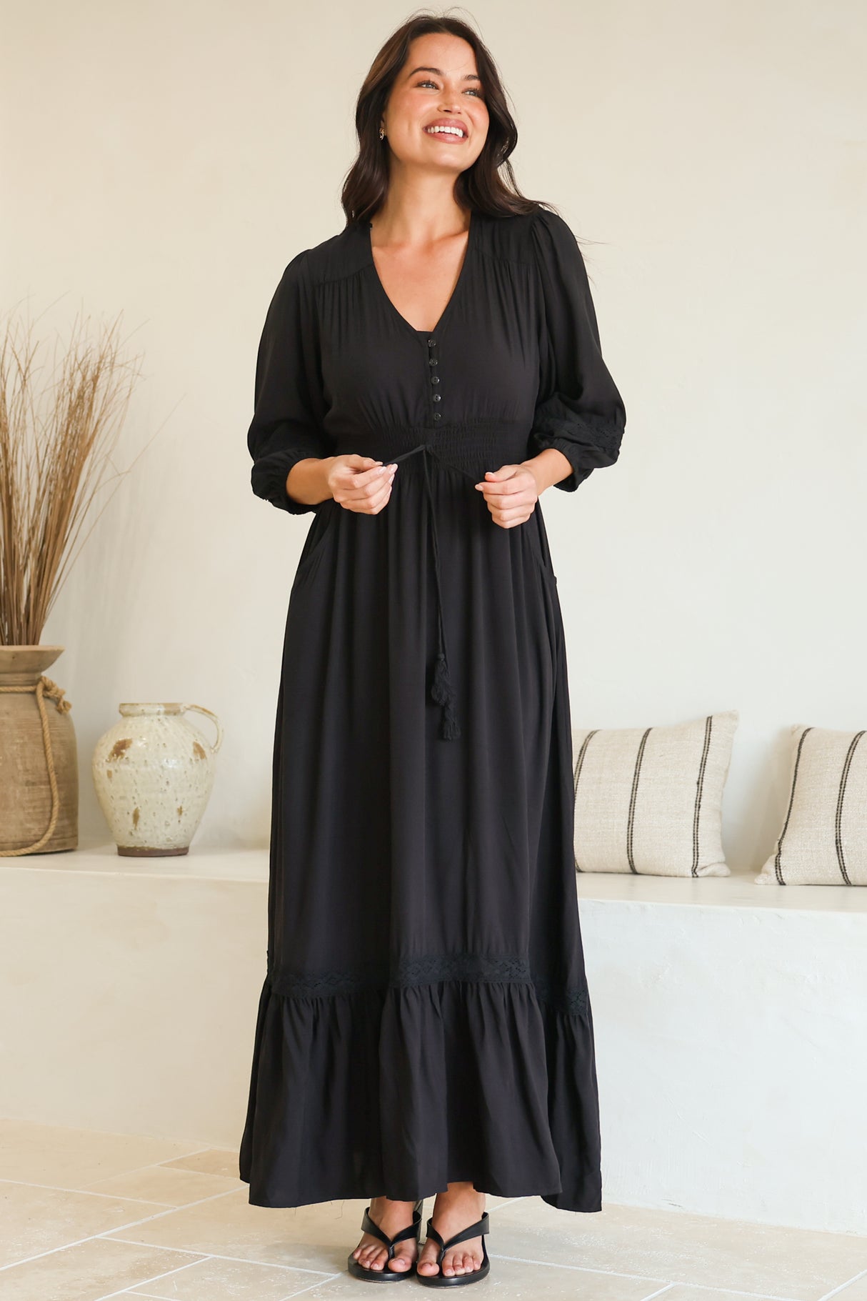 Kiaba Maxi Dress - V-Neck Buttoned Bodice 3/4 Sleeve A-Line Dress with Lace Inserts in Black