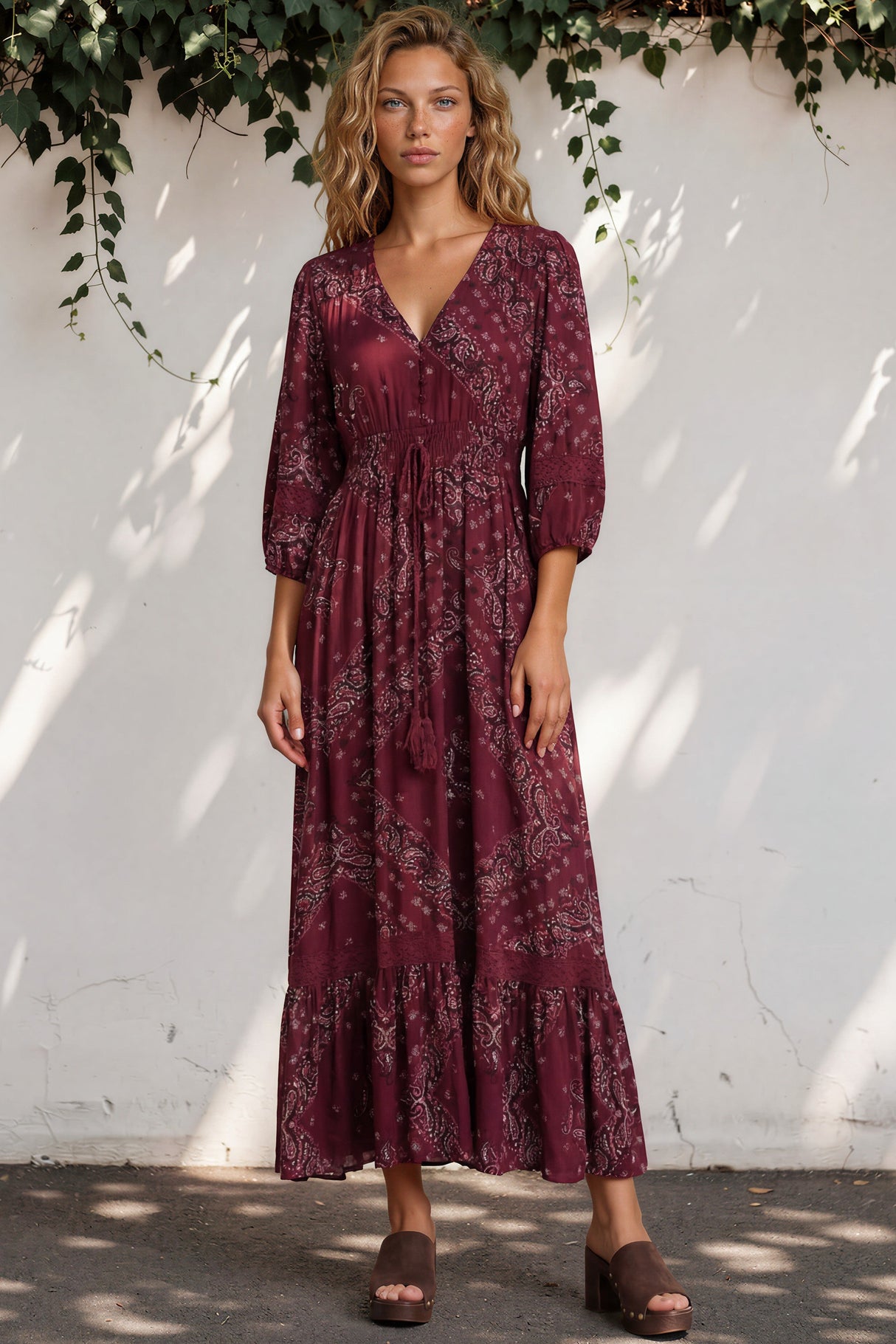 Model wearing Kiaba Maxi Dress in Vilma Print Wine from Salty Crush