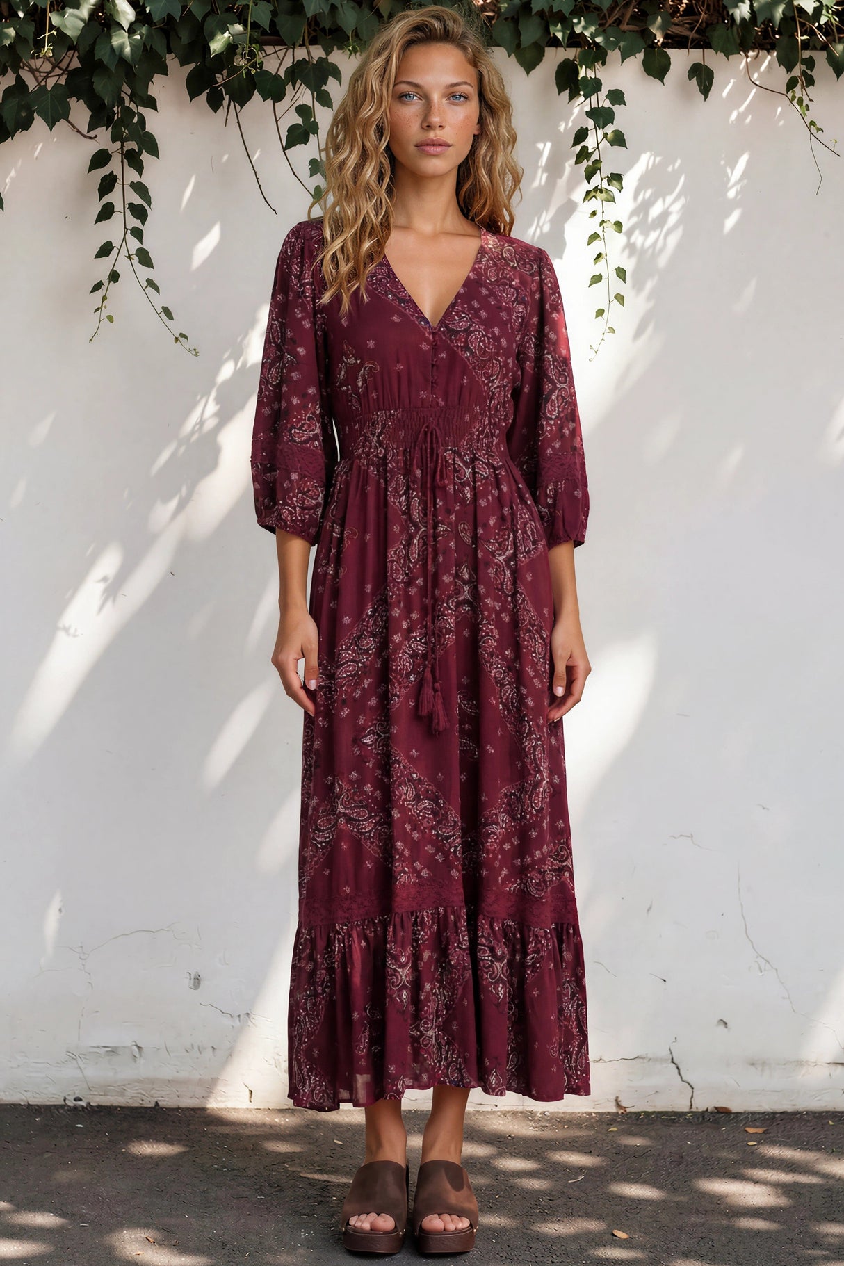 Model wearing Kiaba Maxi Dress in Vilma Print Wine from Salty Crush