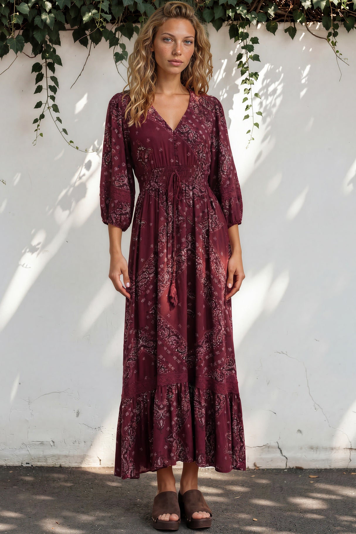 Model wearing Kiaba Maxi Dress in Vilma Print Wine from Salty Crush