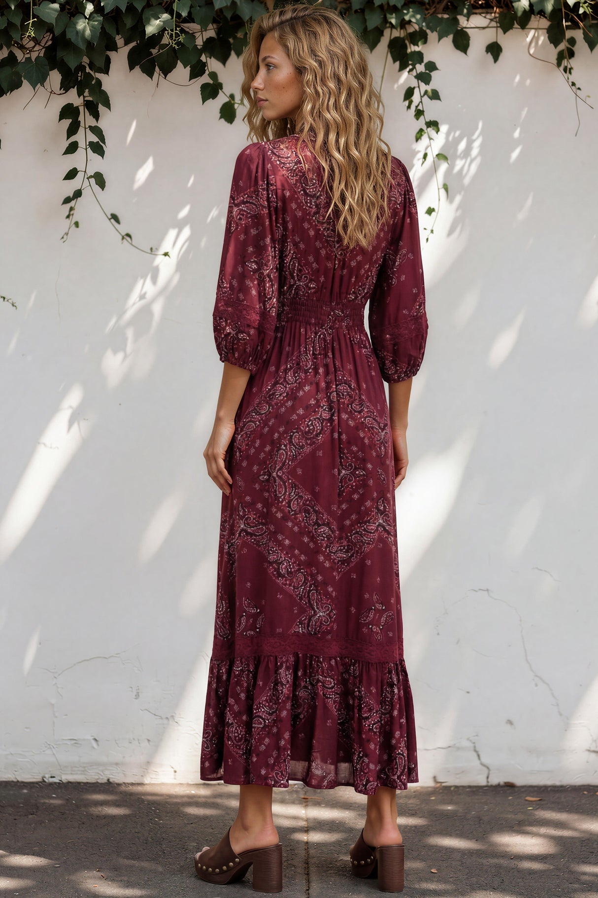 Model wearing Kiaba Maxi Dress in Vilma Print Wine from Salty Crush