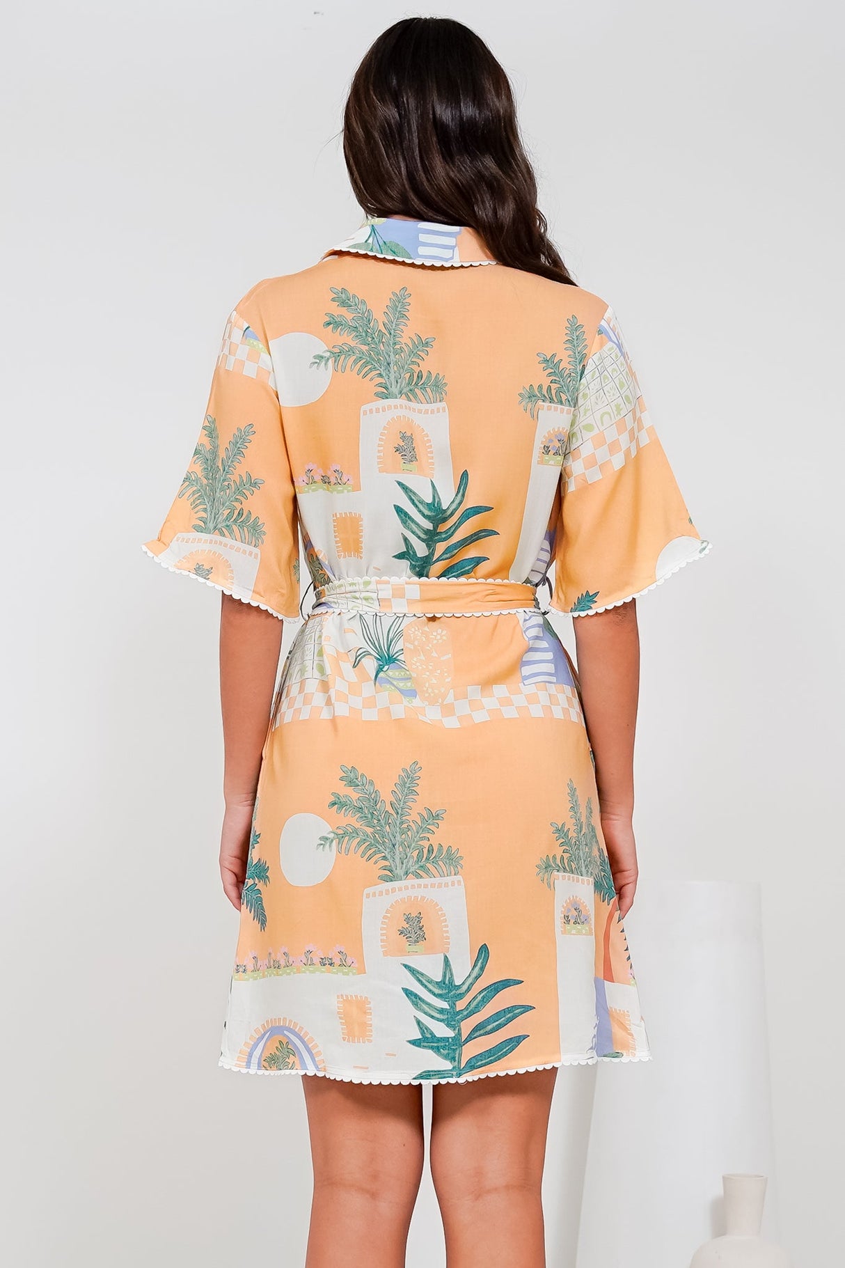 Kiana Mini Dress - Scallop Trim Shirt Dress with Matching Waist Tie in Jamison Print Beige