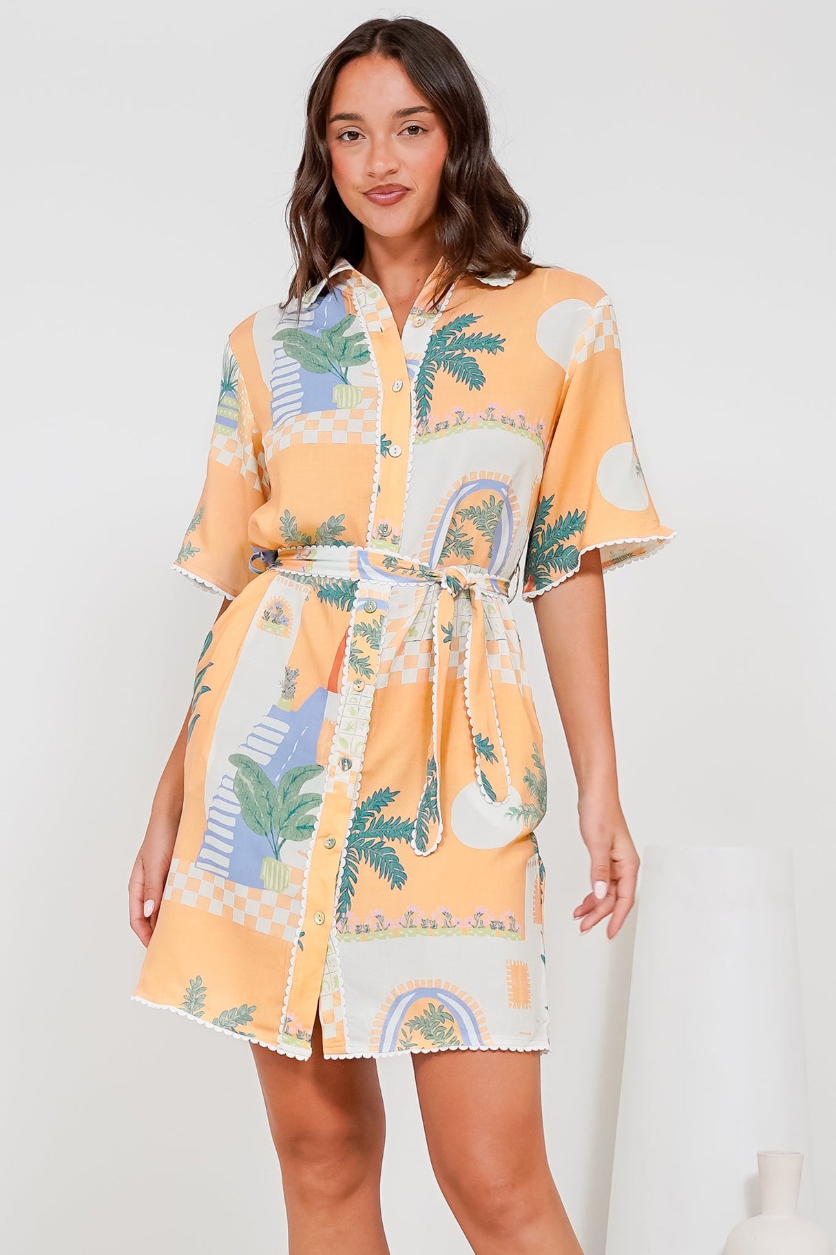 Kiana Mini Dress - Scallop Trim Shirt Dress with Matching Waist Tie in Jamison Print Beige