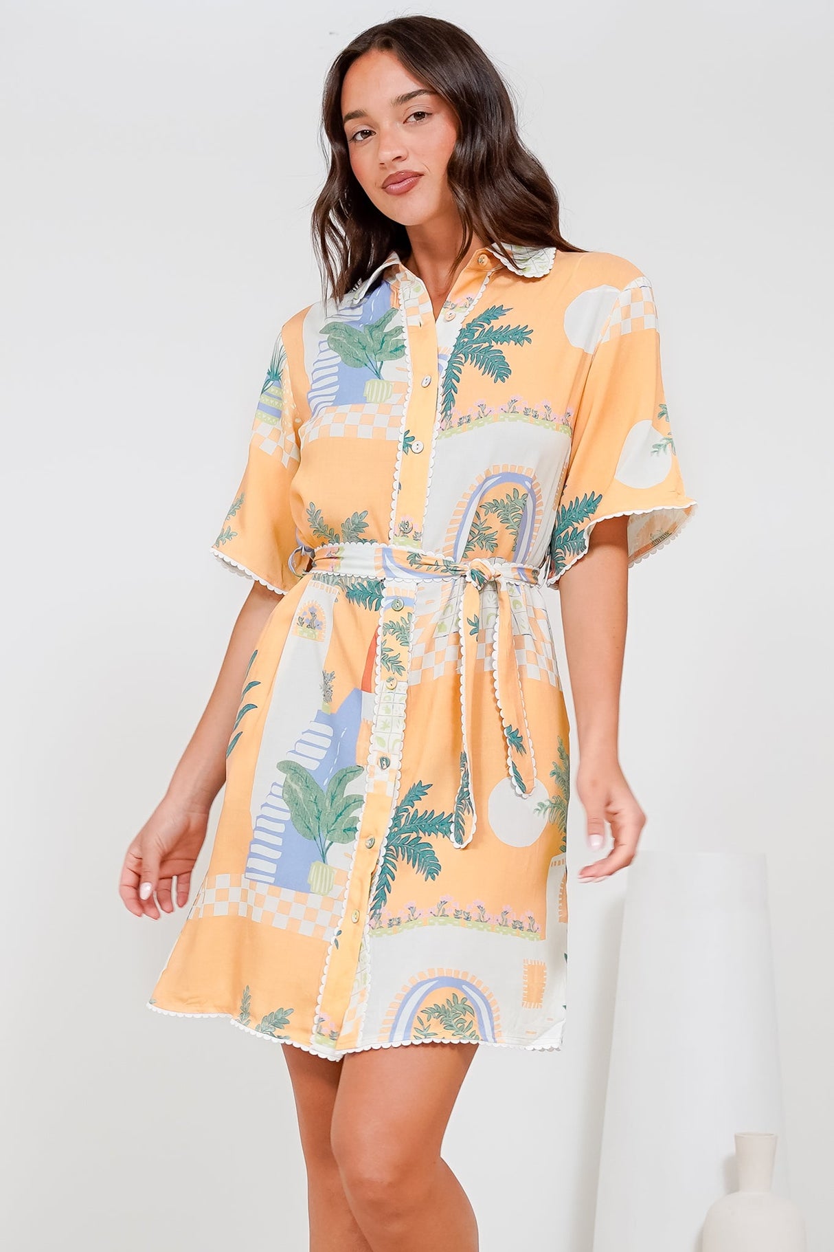 Kiana Mini Dress - Scallop Trim Shirt Dress with Matching Waist Tie in Jamison Print Beige