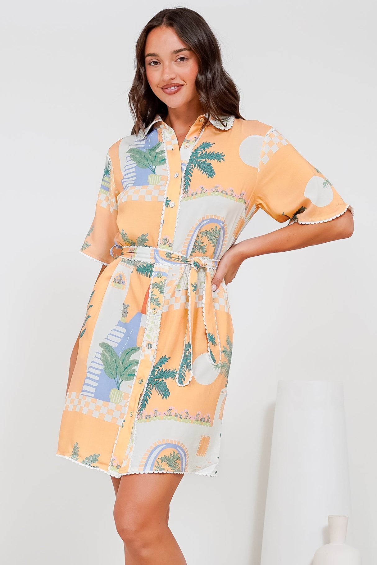 Kiana Mini Dress - Scallop Trim Shirt Dress with Matching Waist Tie in Jamison Print Beige