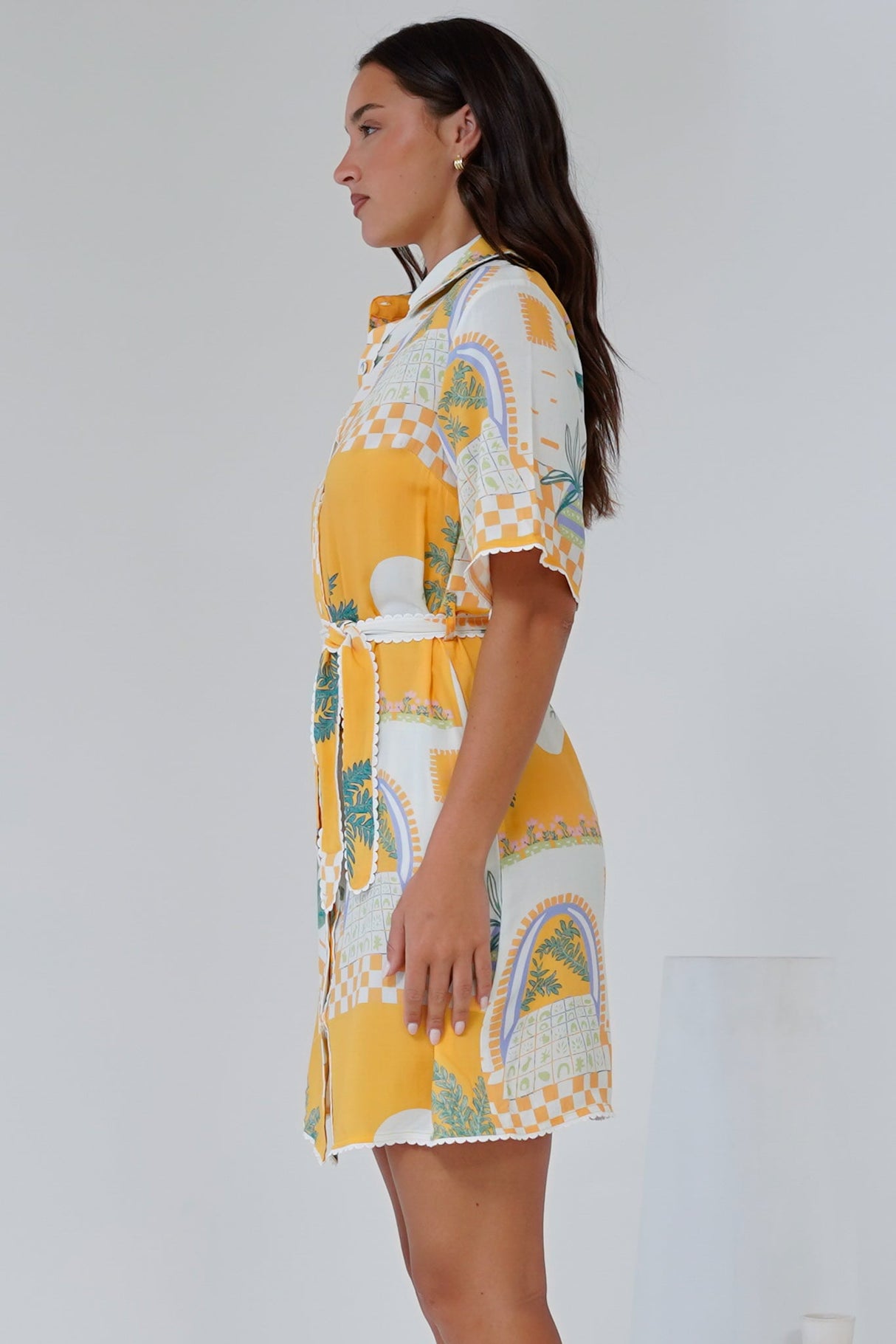 Kiana Mini Dress - Scallop Trim Shirt Dress with Matching Waist Tie in Jamison Print Yellow