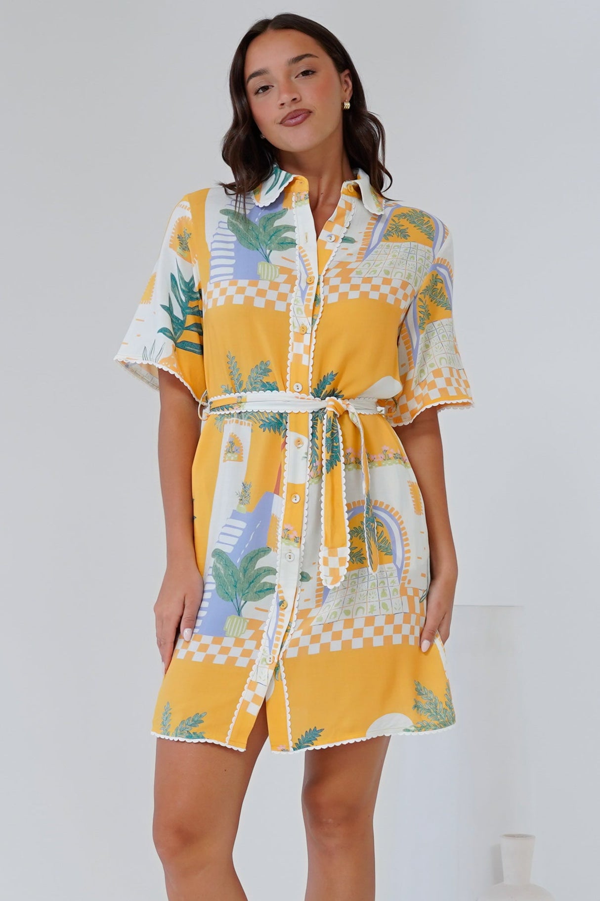Kiana Mini Dress - Scallop Trim Shirt Dress with Matching Waist Tie in Jamison Print Yellow