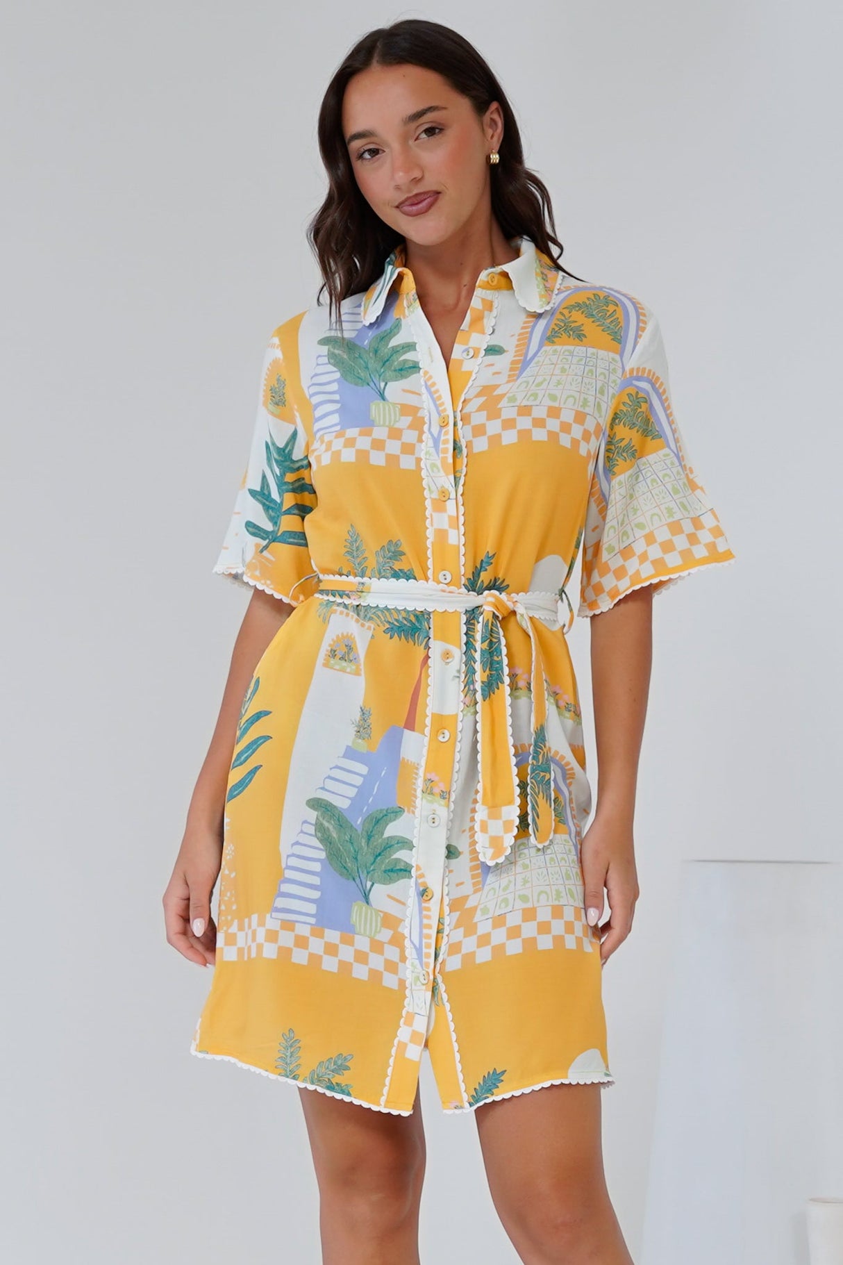 Kiana Mini Dress - Scallop Trim Shirt Dress with Matching Waist Tie in Jamison Print Yellow