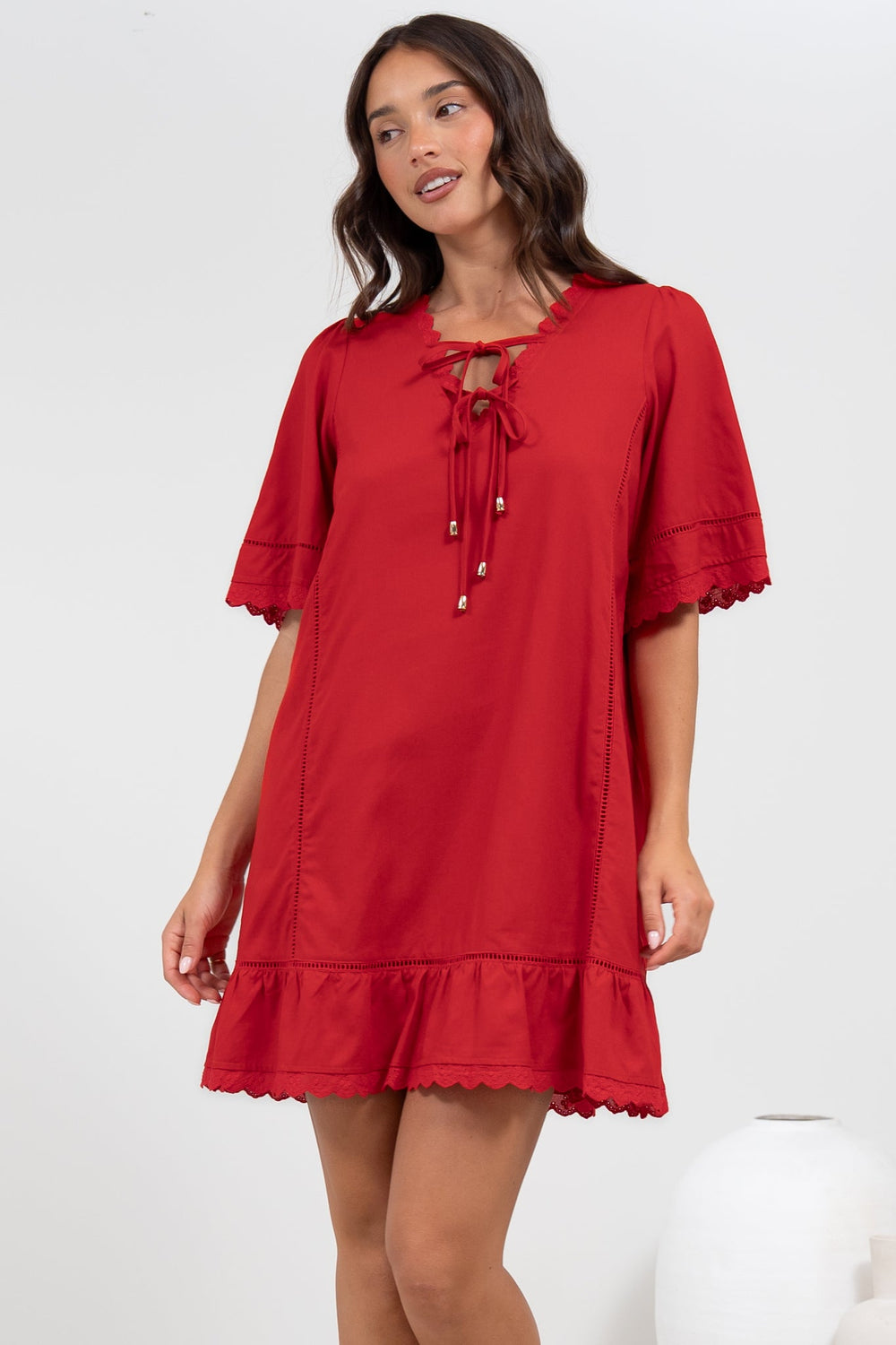 Kiki Mini Dress - V-Neck Shift Dress with Scallop Lace Hemlines in Red