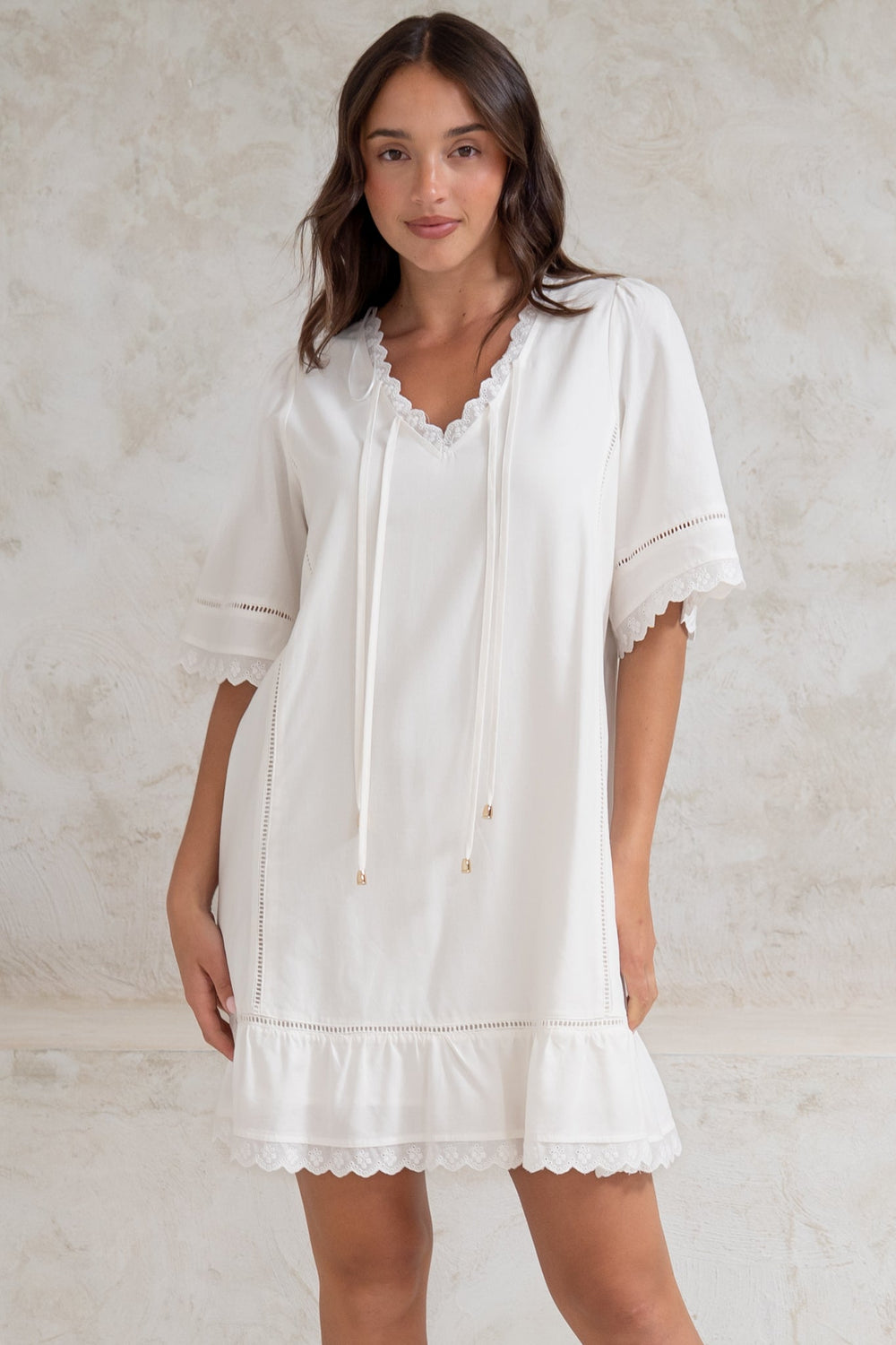 Kiki Mini Dress - V-Neck Shift Dress with Scallop Lace Hemlines in White