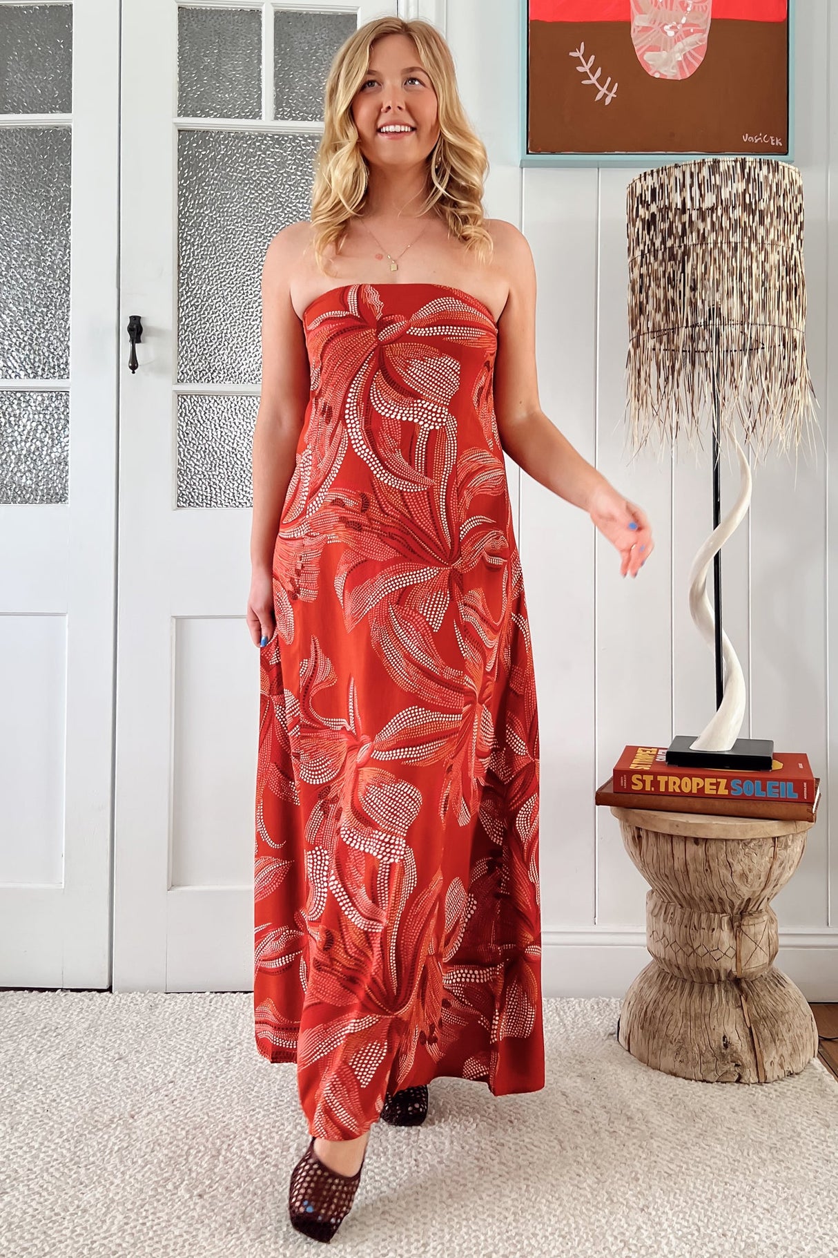 JAASE - Kingsley Maxi Dress: Strapless A Line Maxi Dress in Hibiscus Print