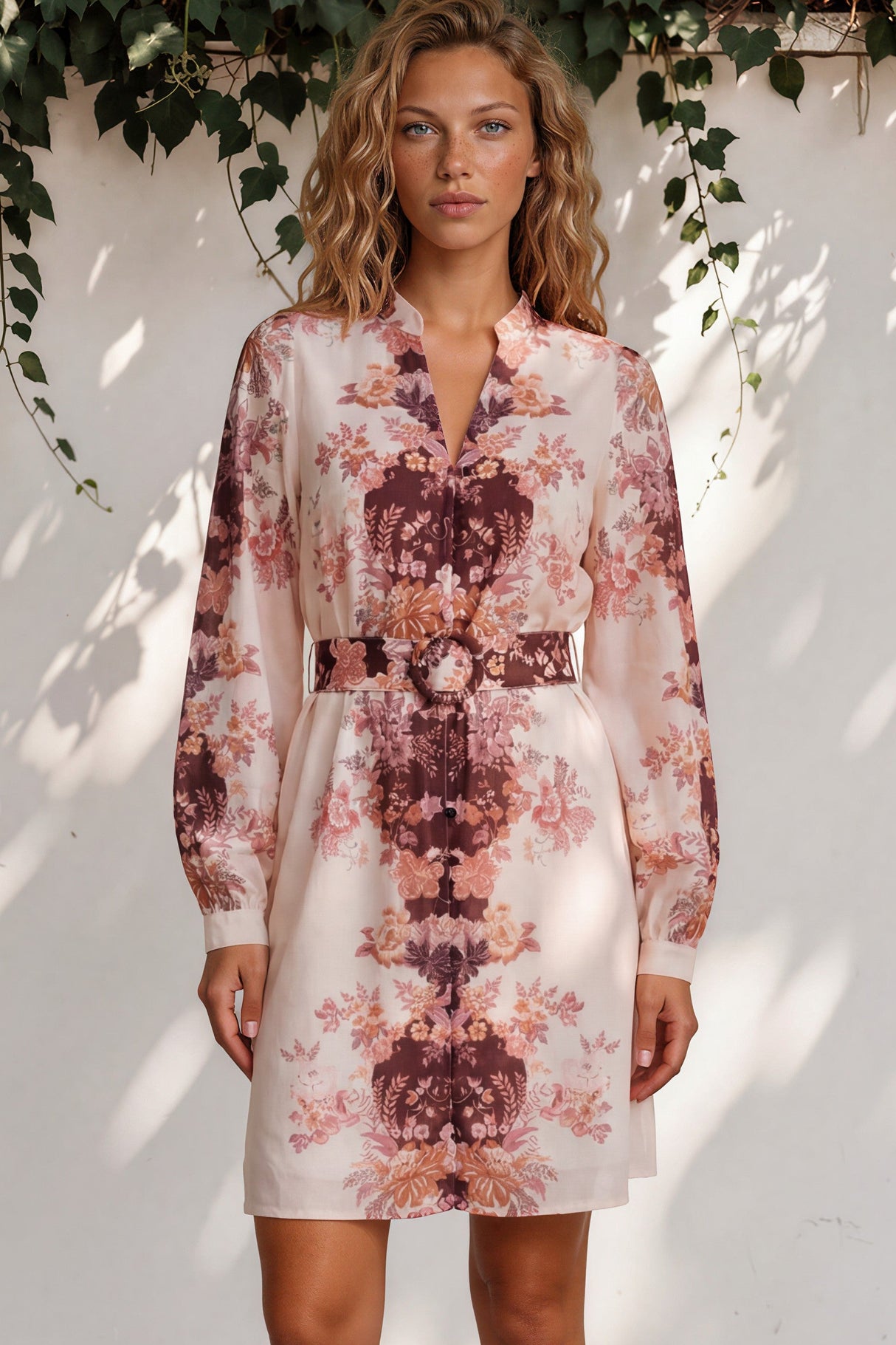 Woman wearing a floral dress standing against a white wall with greenery.
