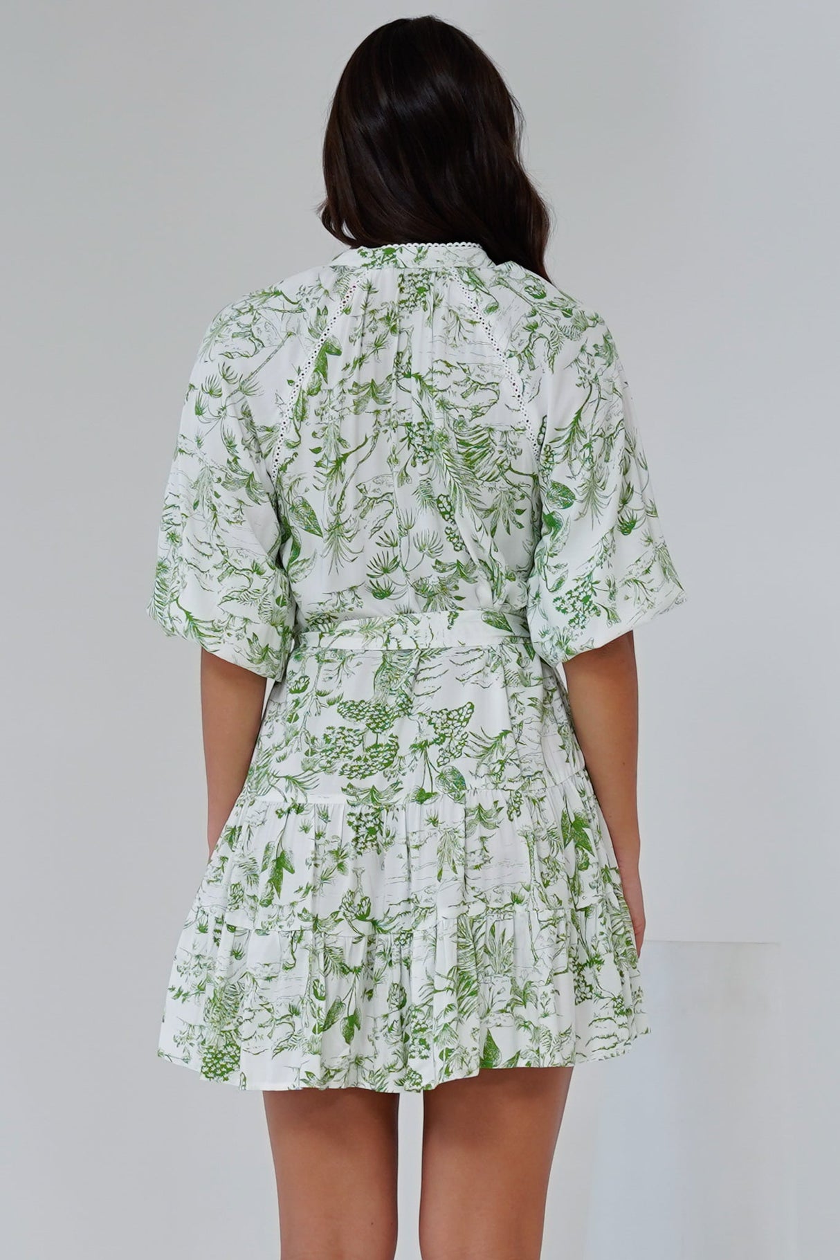 Klair Mini Dress - Mandarin Collar Button Down with Matching Belt in Woodland Print Green
