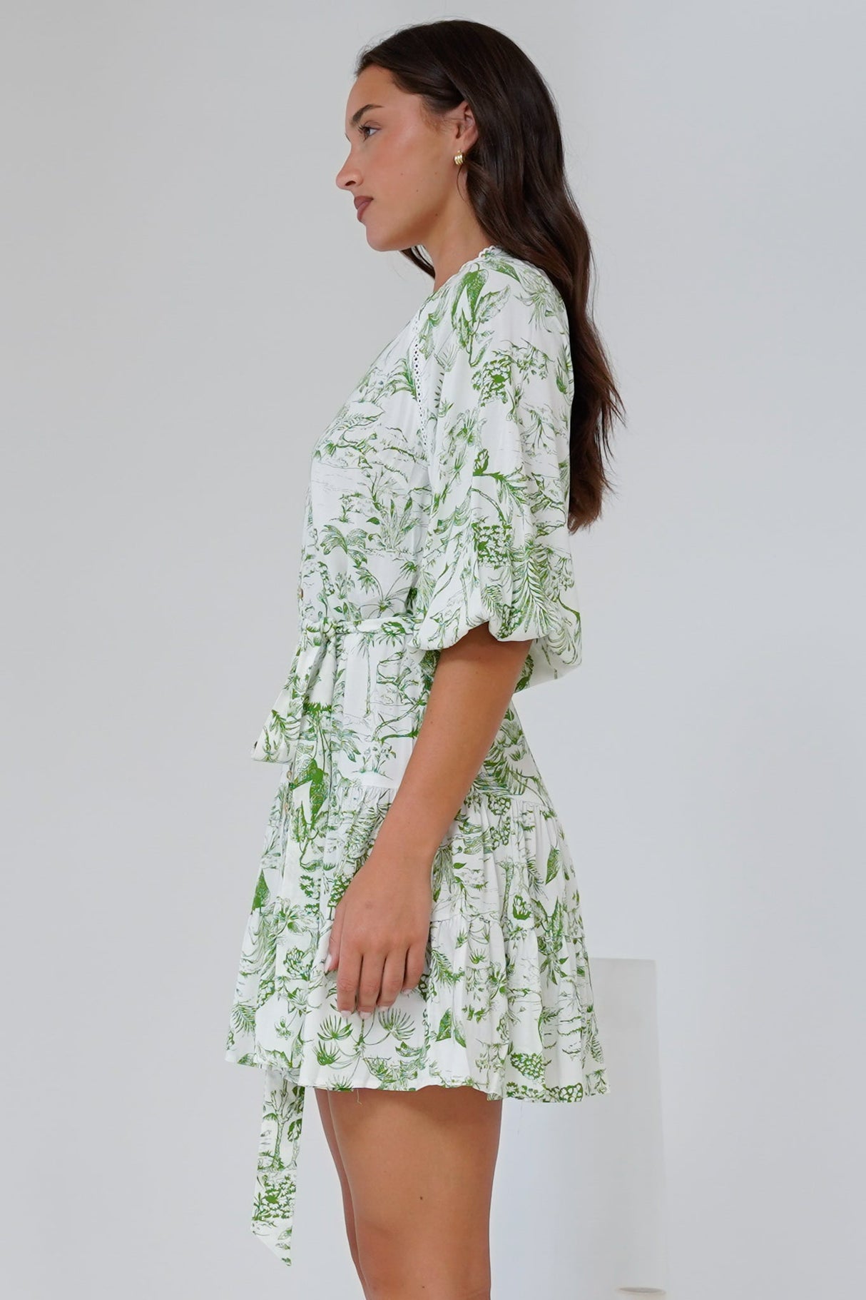 Klair Mini Dress - Mandarin Collar Button Down with Matching Belt in Woodland Print Green