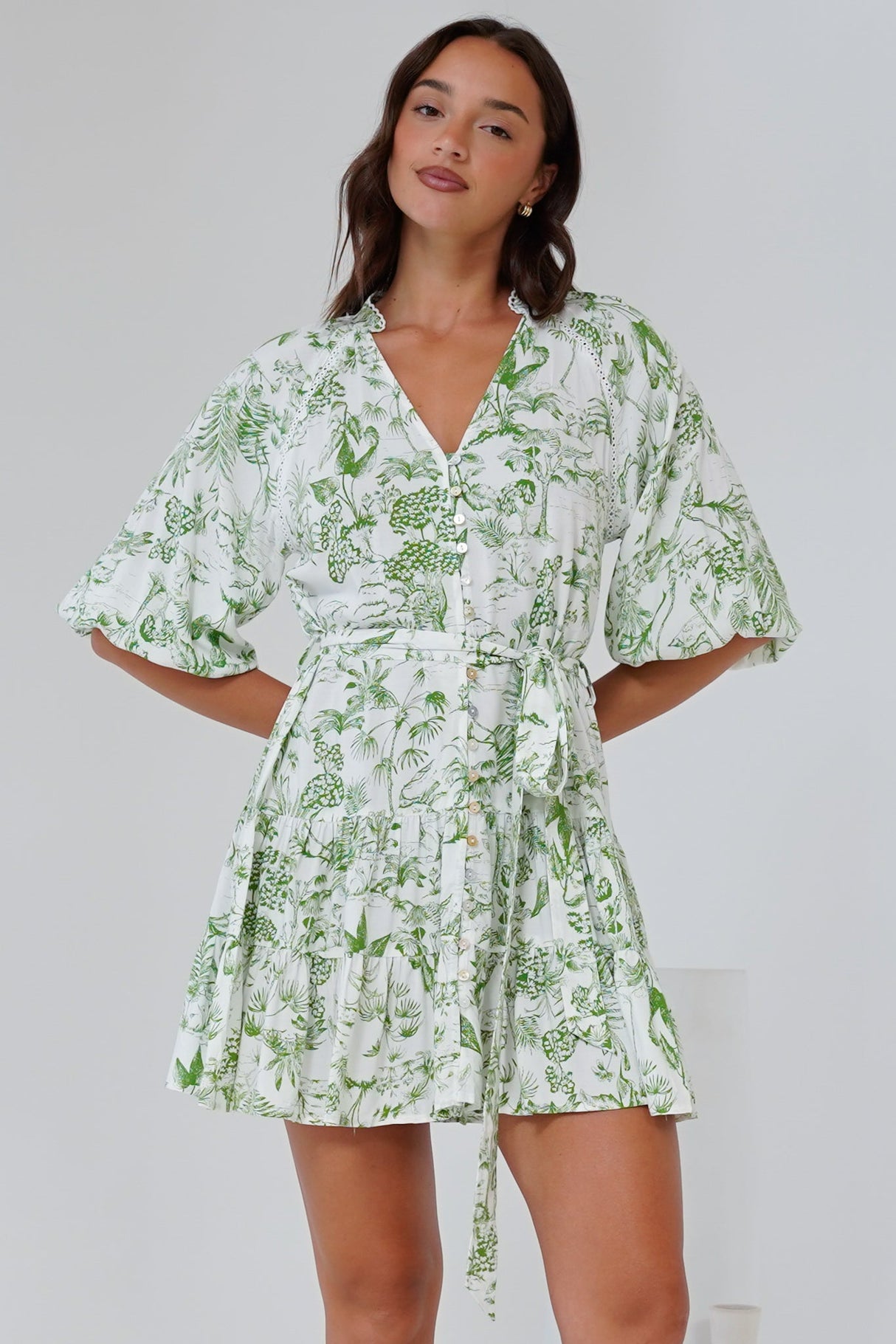 Klair Mini Dress - Mandarin Collar Button Down with Matching Belt in Woodland Print Green