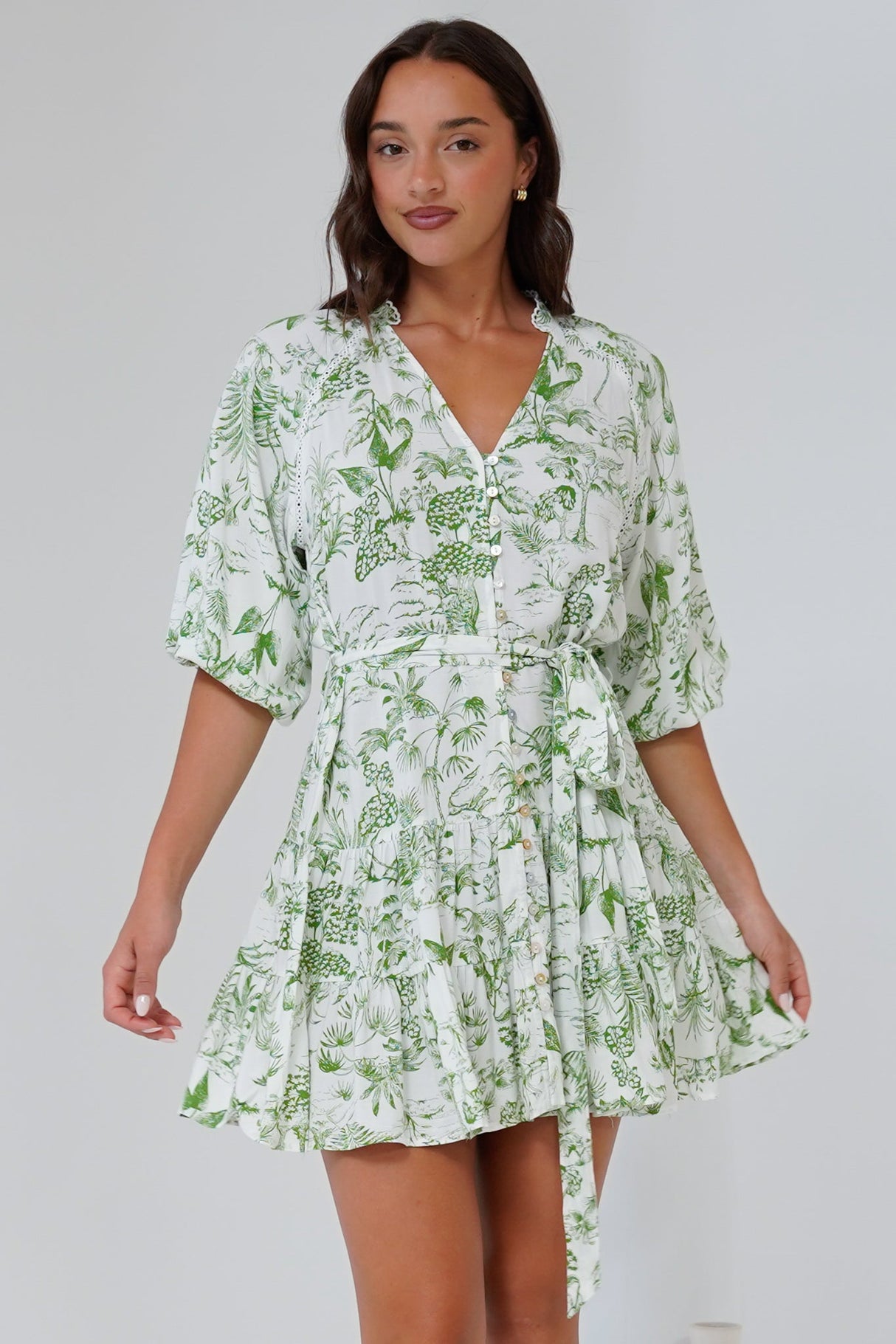 Klair Mini Dress - Mandarin Collar Button Down with Matching Belt in Woodland Print Green