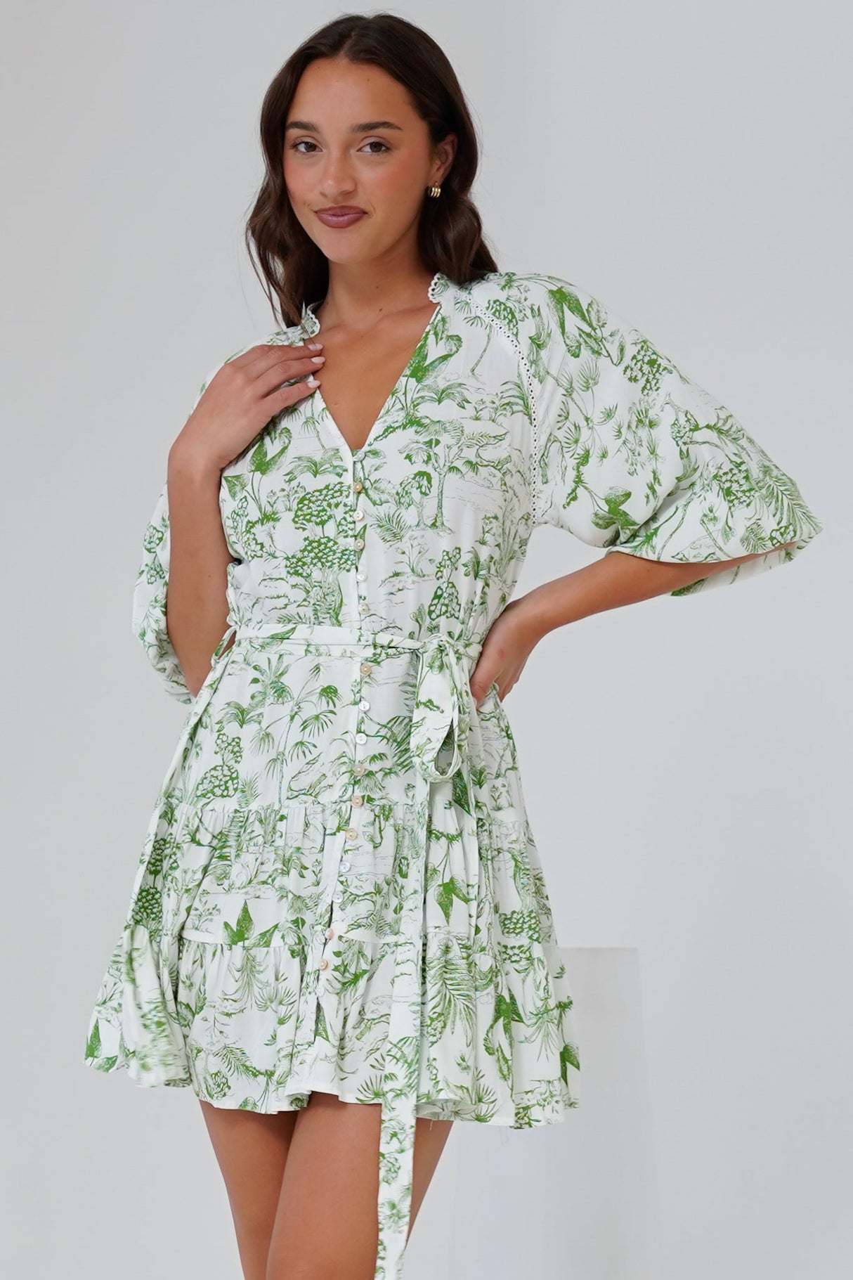 Klair Mini Dress - Mandarin Collar Button Down with Matching Belt in Woodland Print Green