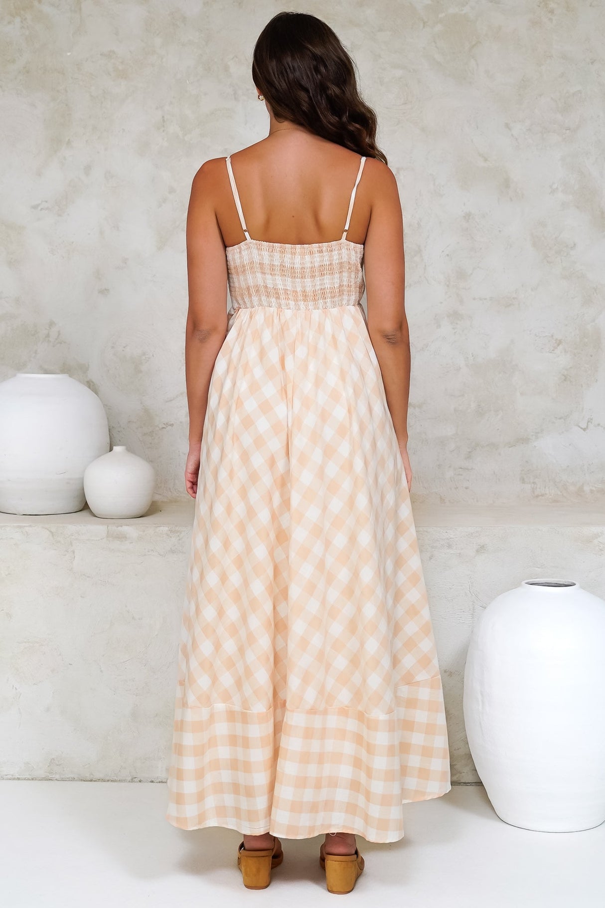 Klara Maxi Dress - Spaghetti Strap A-Line Dress in Gingham Beige
