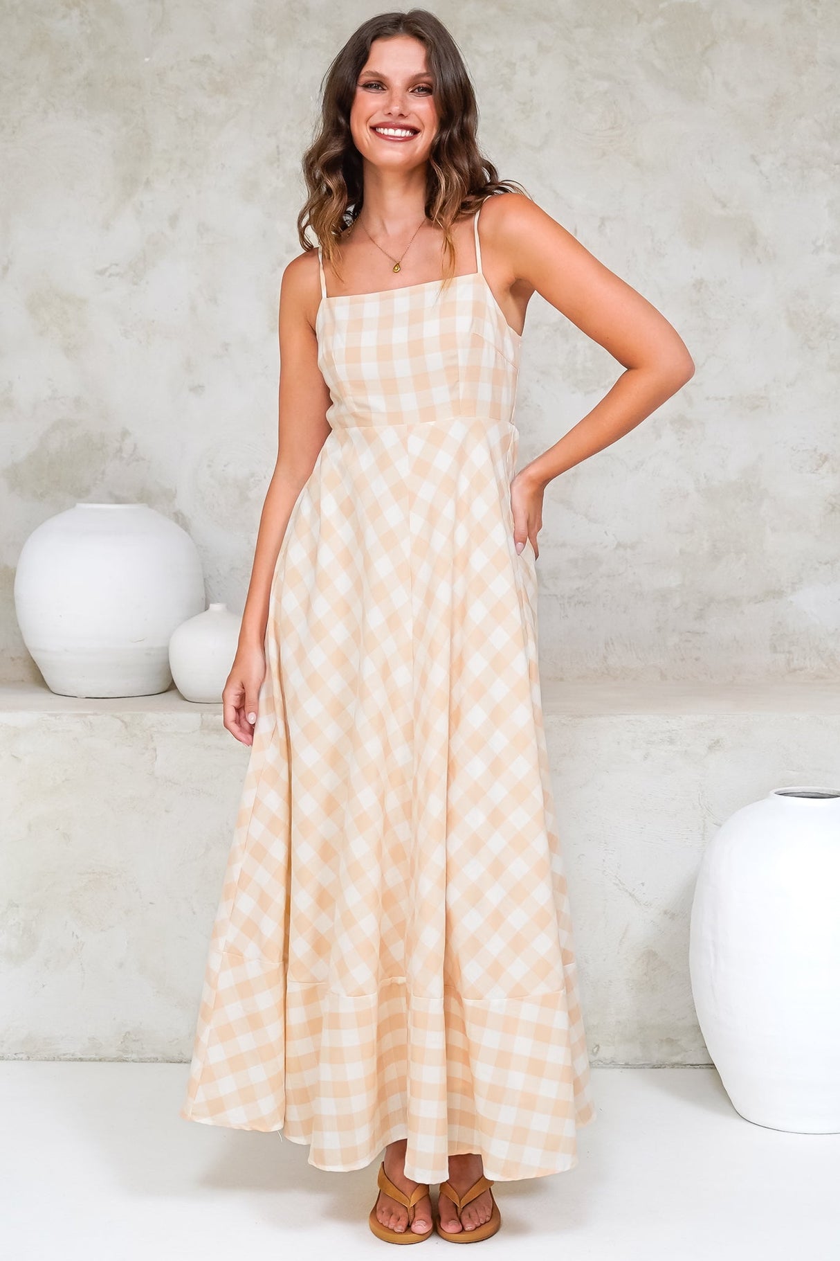 Klara Maxi Dress - Spaghetti Strap A-Line Dress in Gingham Beige
