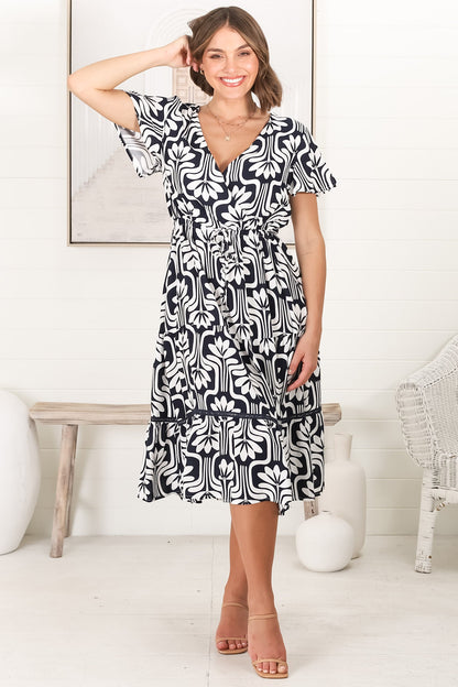 Kris Midi Dress - Cross Bodice A Line Dress with Crochet Spilicing in Luvira Print Navy