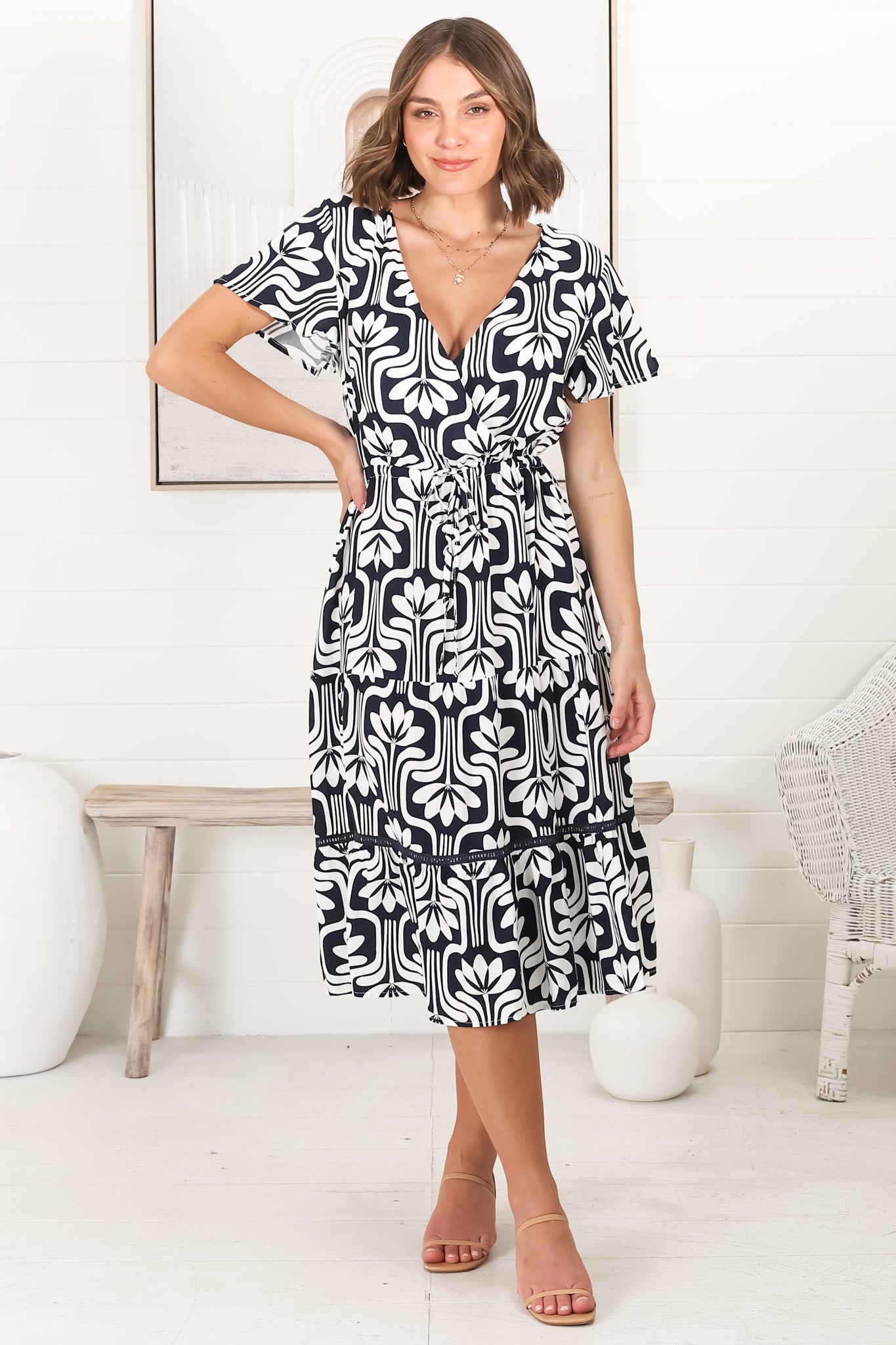 Kris Midi Dress - Cross Bodice A Line Dress with Crochet Spilicing in Luvira Print Navy