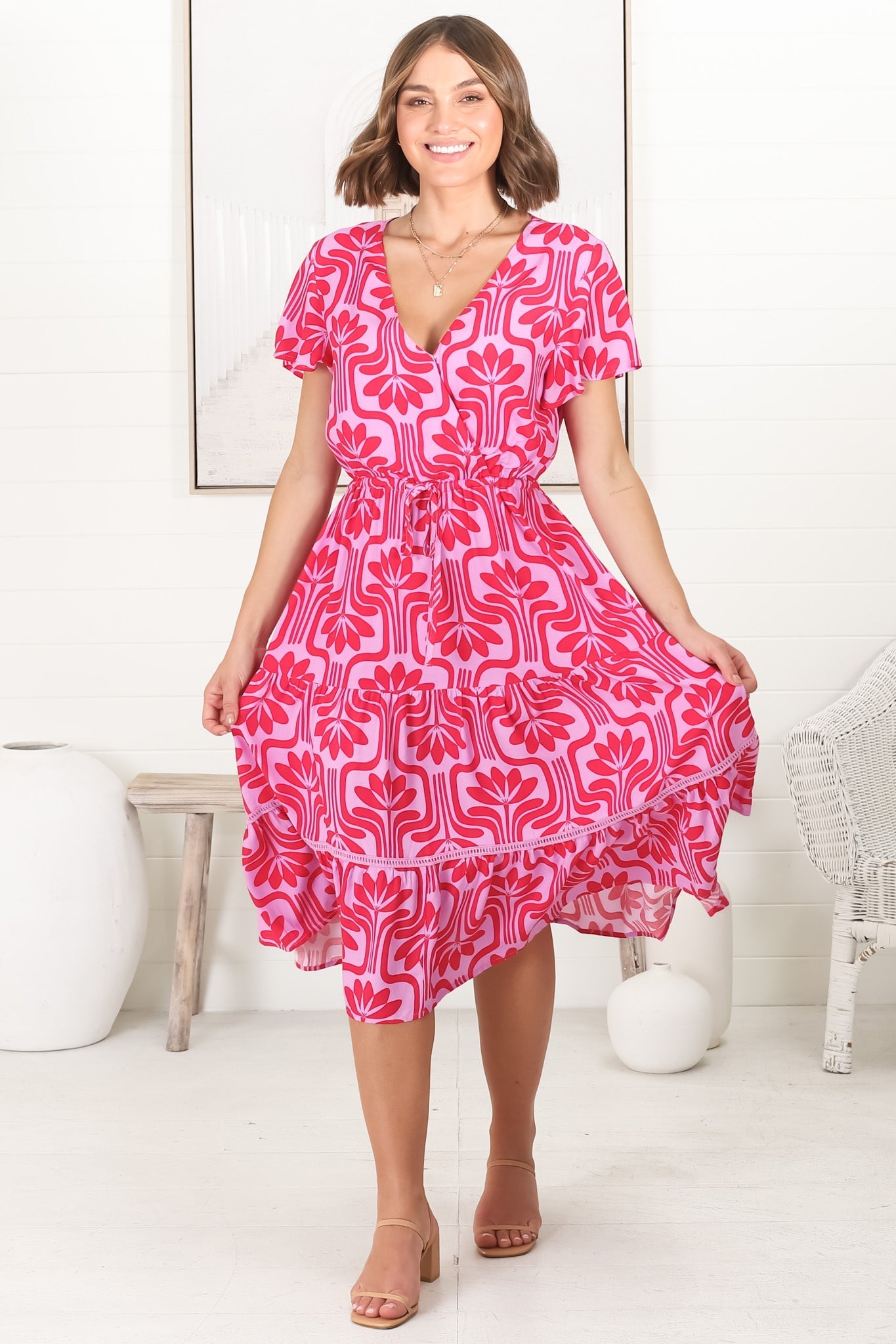 Kris Midi Dress - Cross Bodice A Line Dress with Crochet Spilicing in Luvira Print Pink